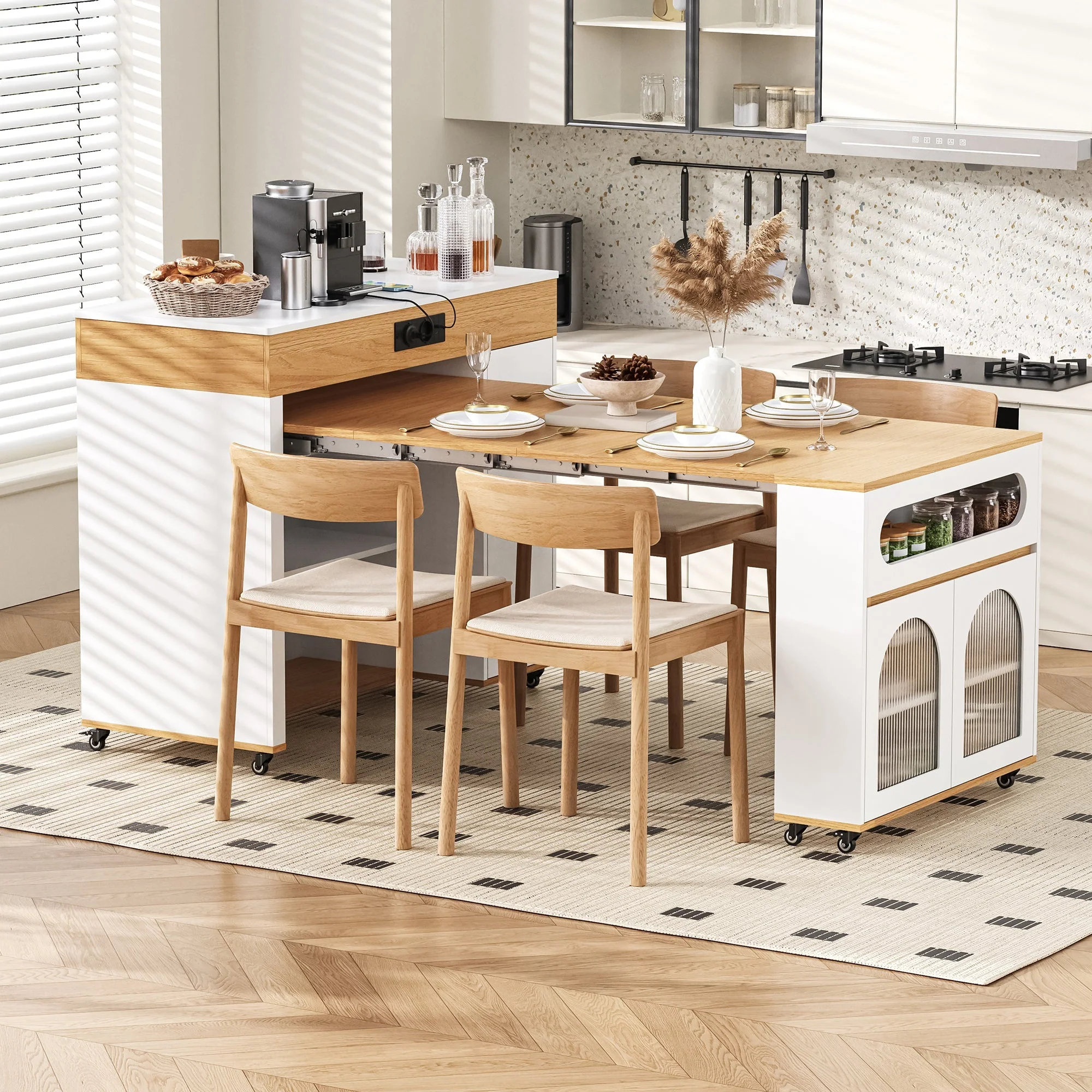 Extendable Kitchen Island Ribbed Glass Power Strip Storage White/Natural