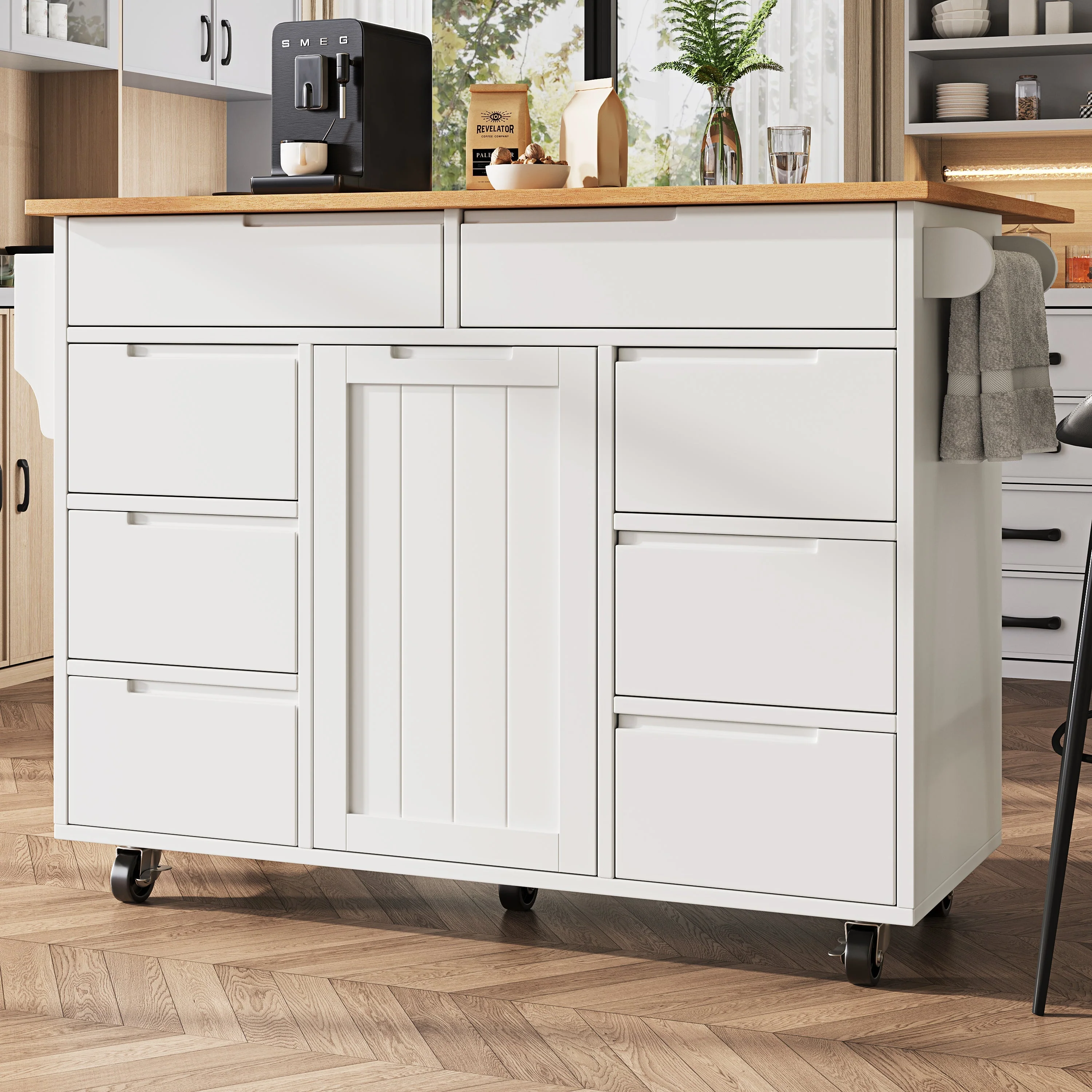 Extendable Kitchen Island Trolley 8 Drawers Worktop Wheels - White - Image 4