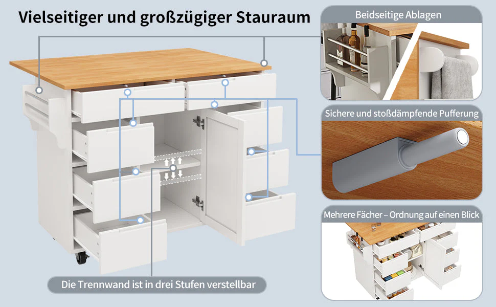 Extendable Kitchen Island Trolley 8 Drawers Worktop Wheels - White - Image 6