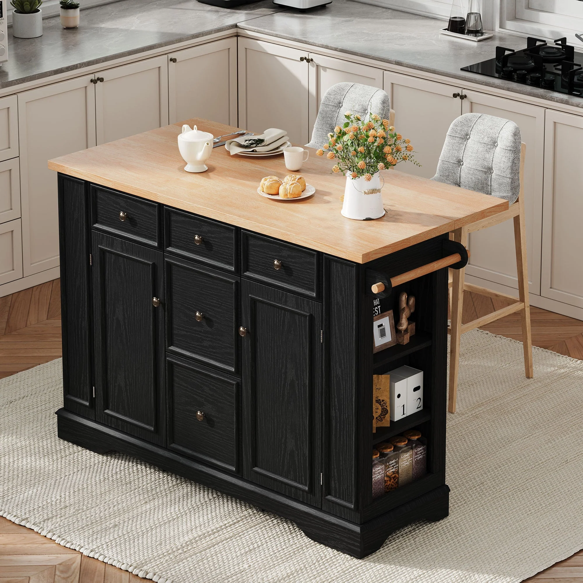 Extendable Kitchen Island with Drawers, Shelves & Power Strips - Black - Image 3