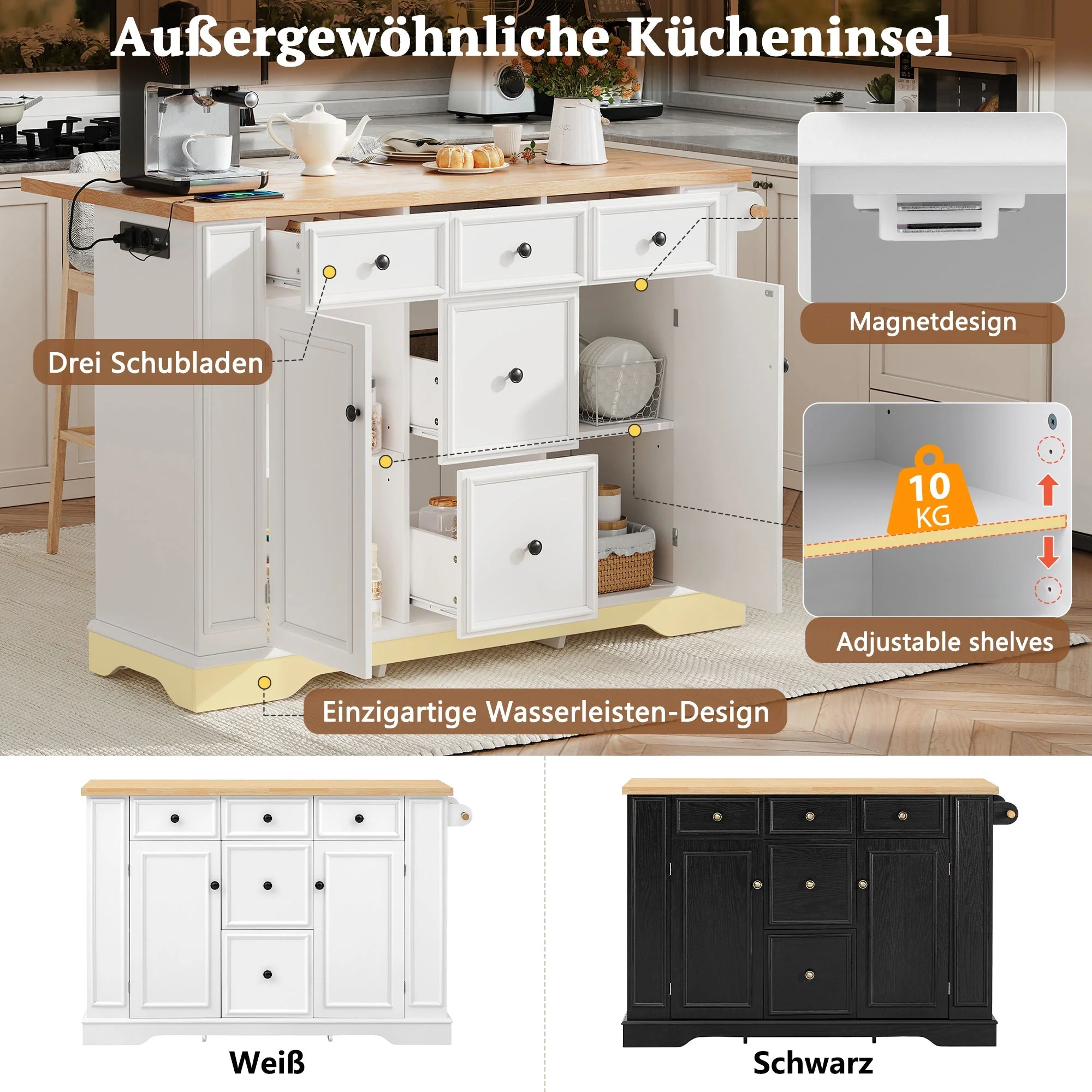 Extendable Kitchen Island with Drawers, Shelves & Power Strips - White - Image 5