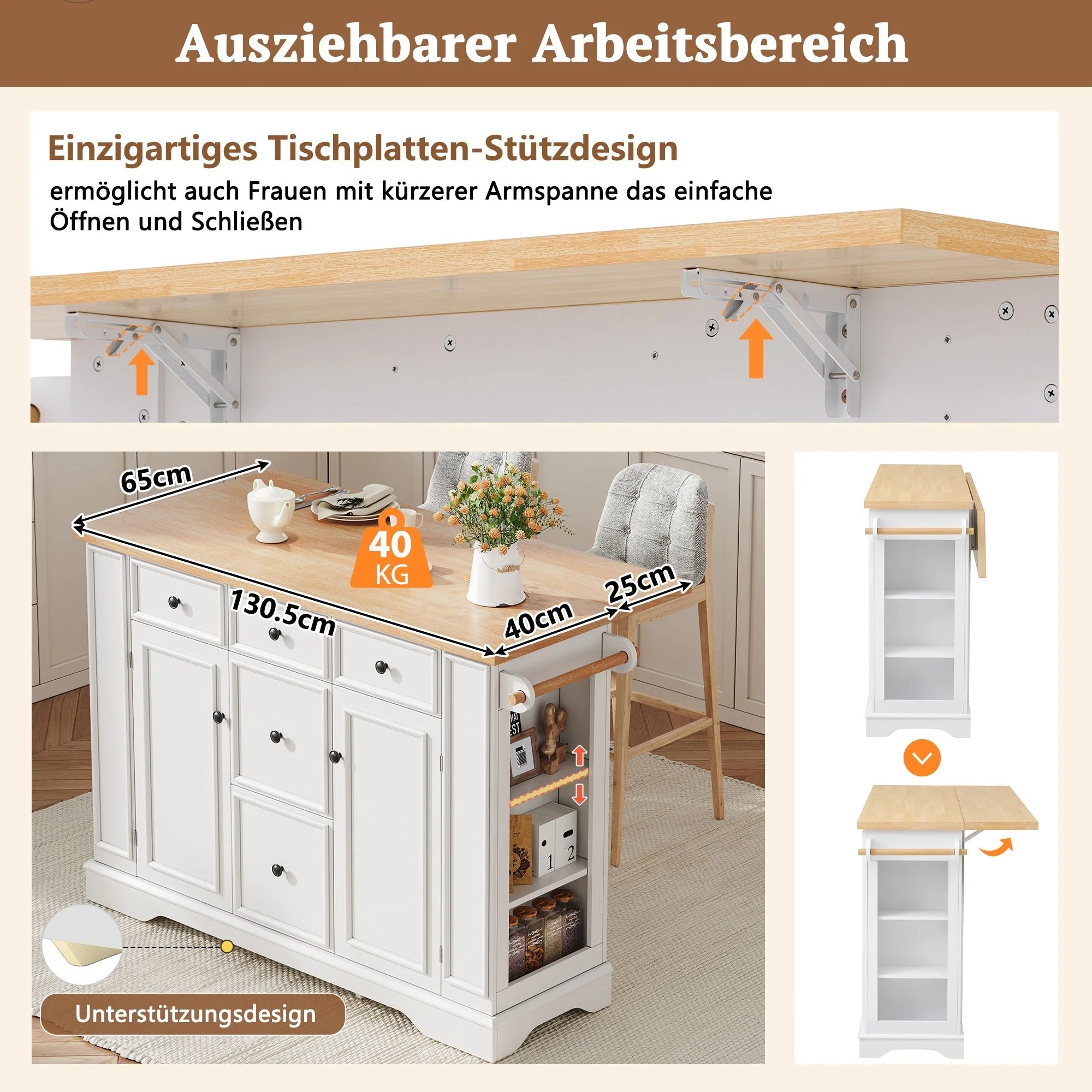Extendable Kitchen Island with Drawers, Shelves & Power Strips - White - Image 6