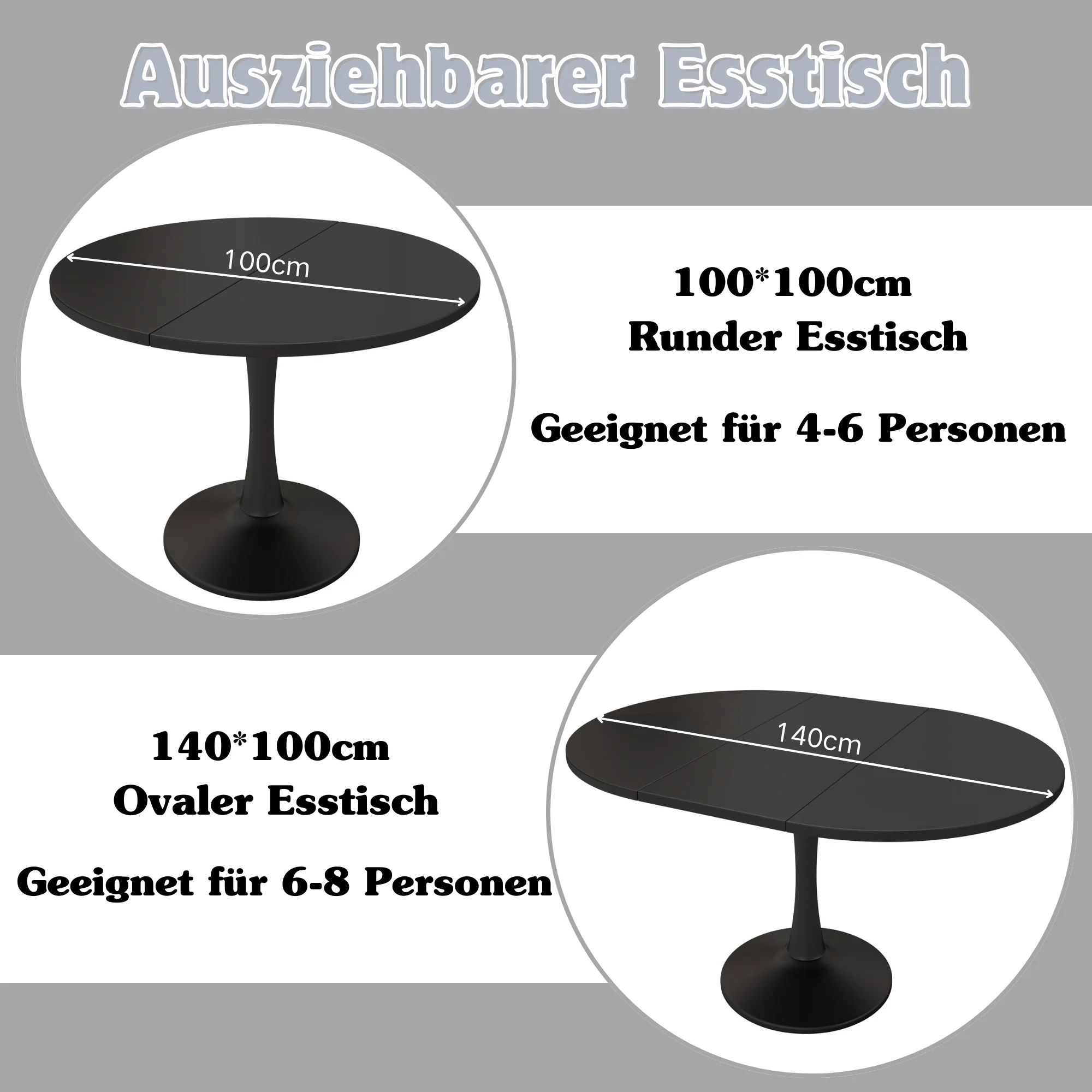 Extendable Oval Dining Table 100/140x100cm Modern - Black - Image 3