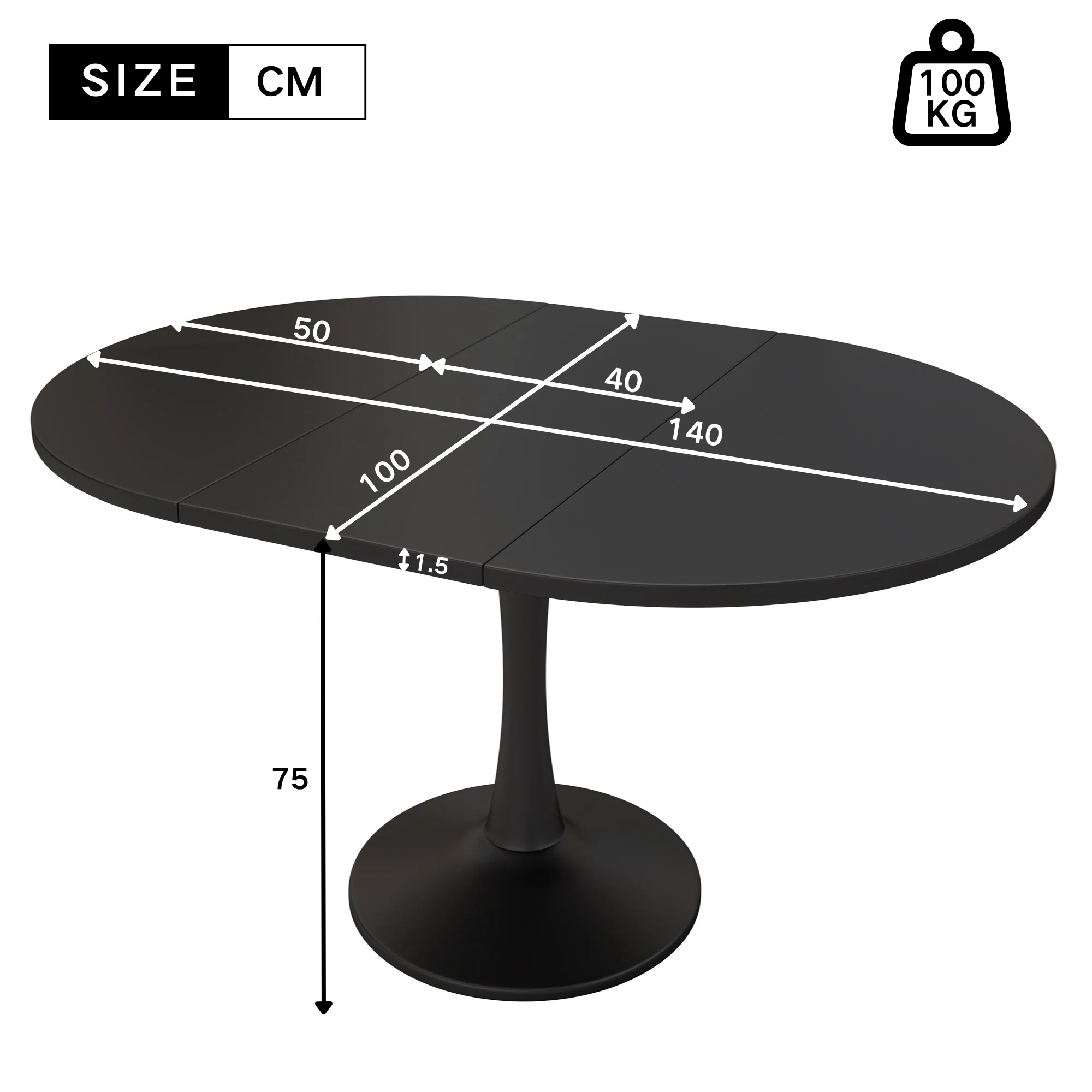 Extendable Oval Dining Table 100/140x100cm Modern - Black - Image 7