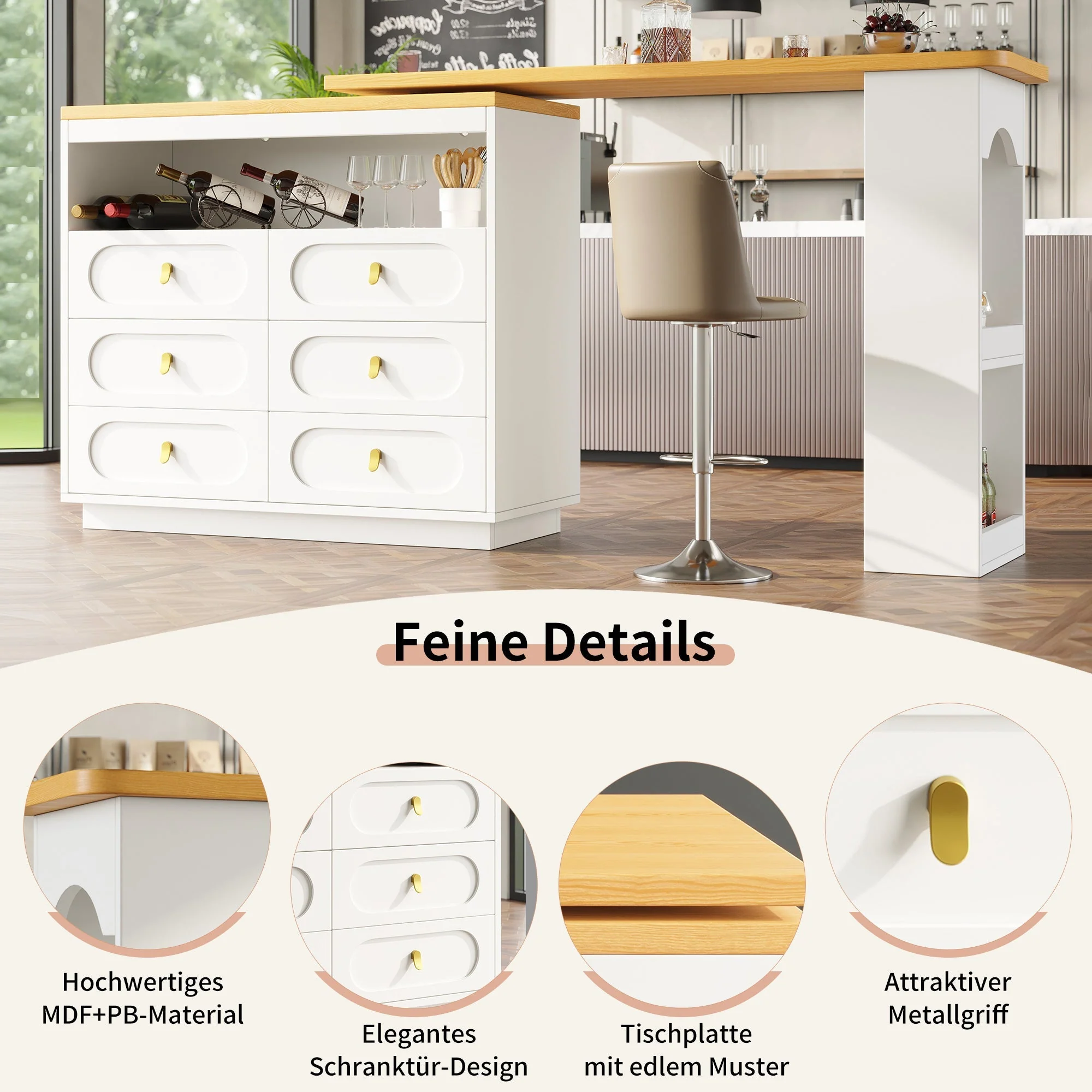Extendable Rolling Bar Table 360° Swivel Storage Drawers - White - Image 10