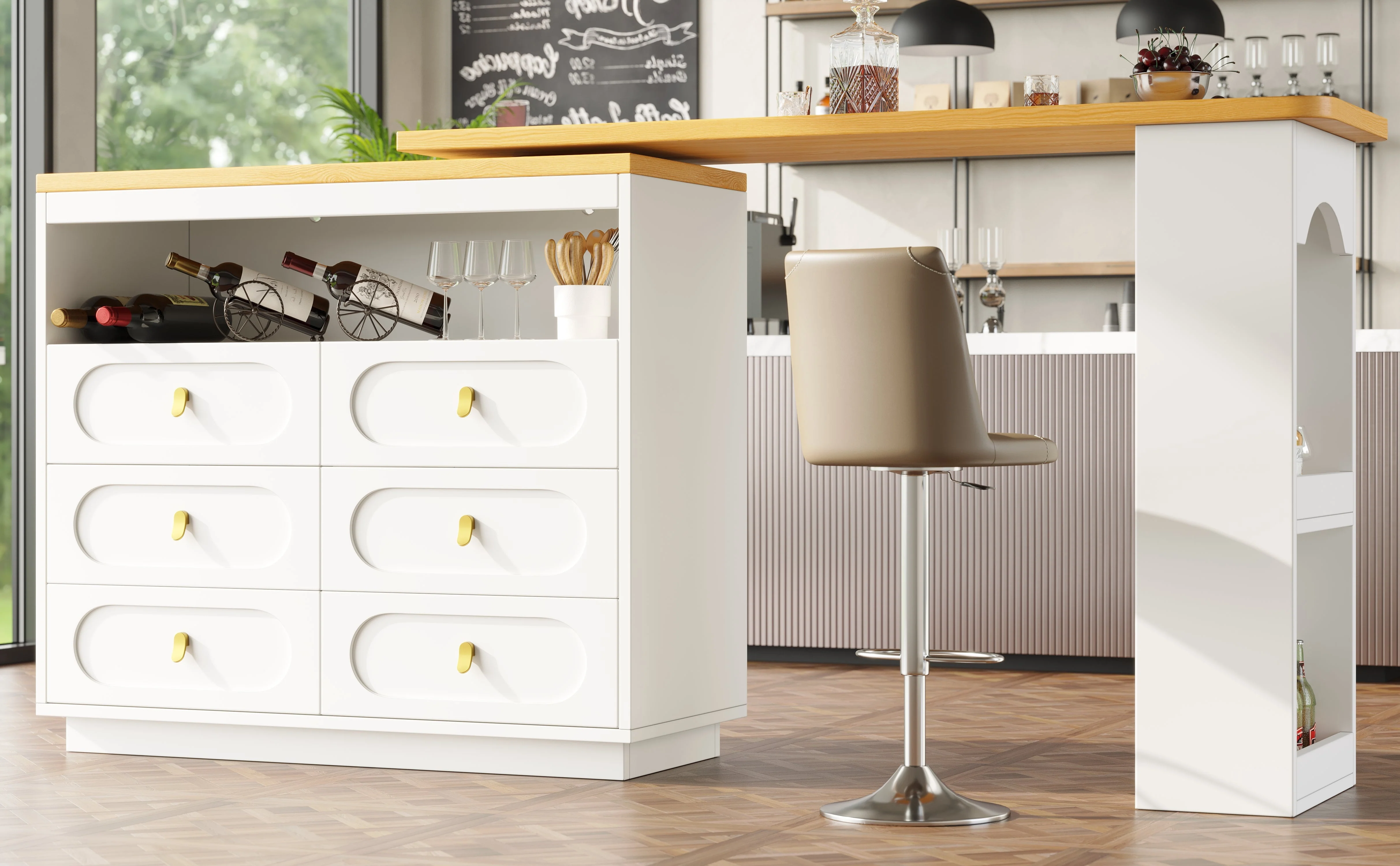 Extendable Rolling Bar Table 360° Swivel Storage Drawers - White - Image 6