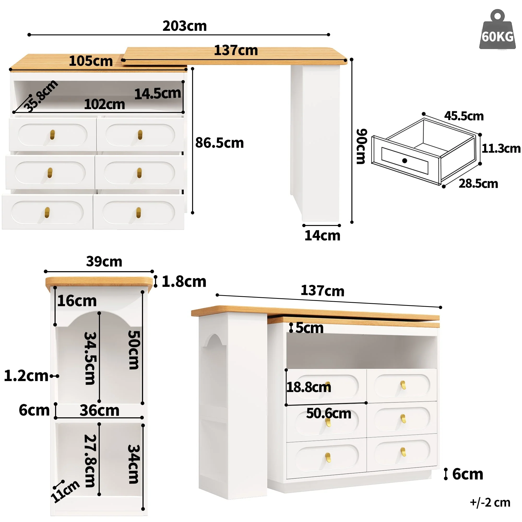 Extendable Rolling Bar Table 360° Swivel Storage Drawers - White - Image 7