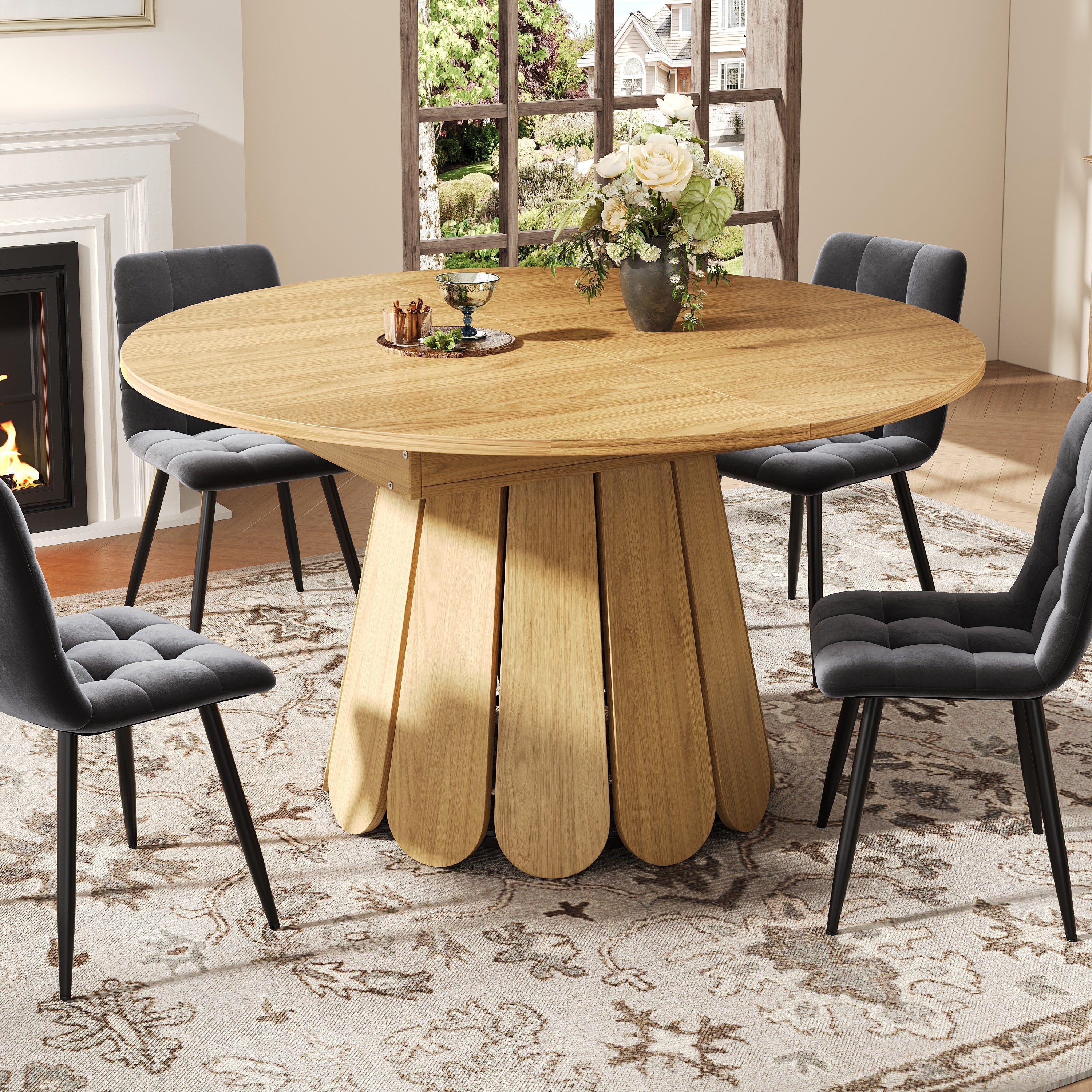 Extendable Round Dining Table 118-158cm Extends to Oval 6 Seater - Wood Color - Image 3