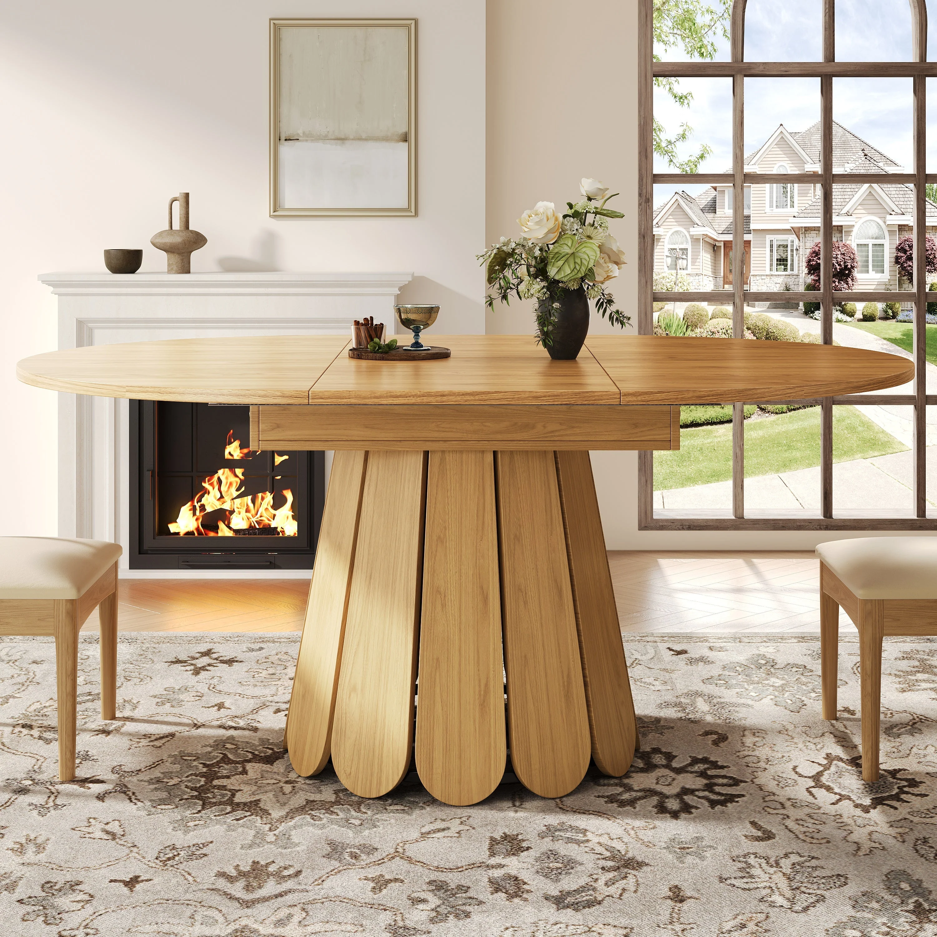 Extendable Round Dining Table 118-158cm Extends to Oval 6 Seater - Wood Color - Image 5