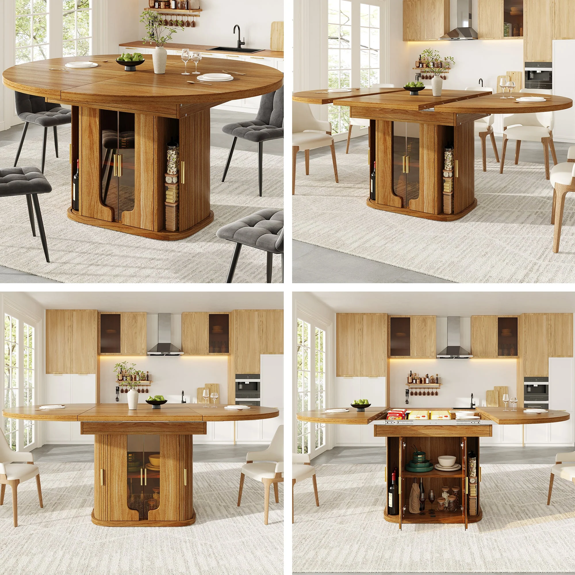 Extendable Round Dining Table, Oval 118-158 cm Seats up to 6 with Glass Doors, Walnut