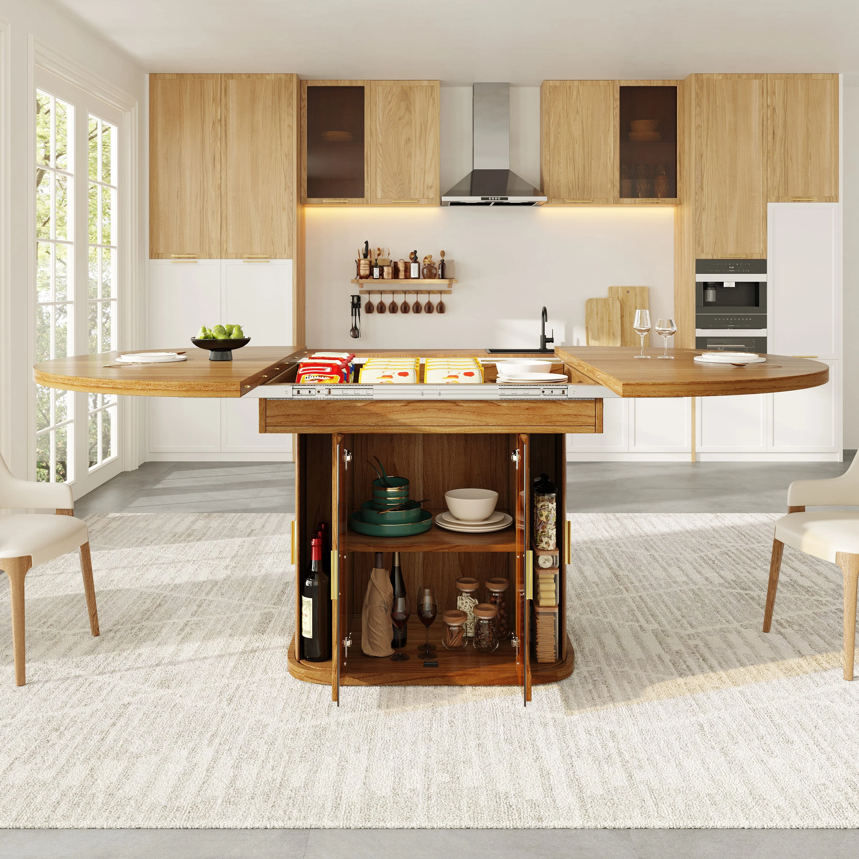 Extendable Round Dining Table, Oval 118-158 cm Seats up to 6 with Glass Doors, Walnut - Image 6