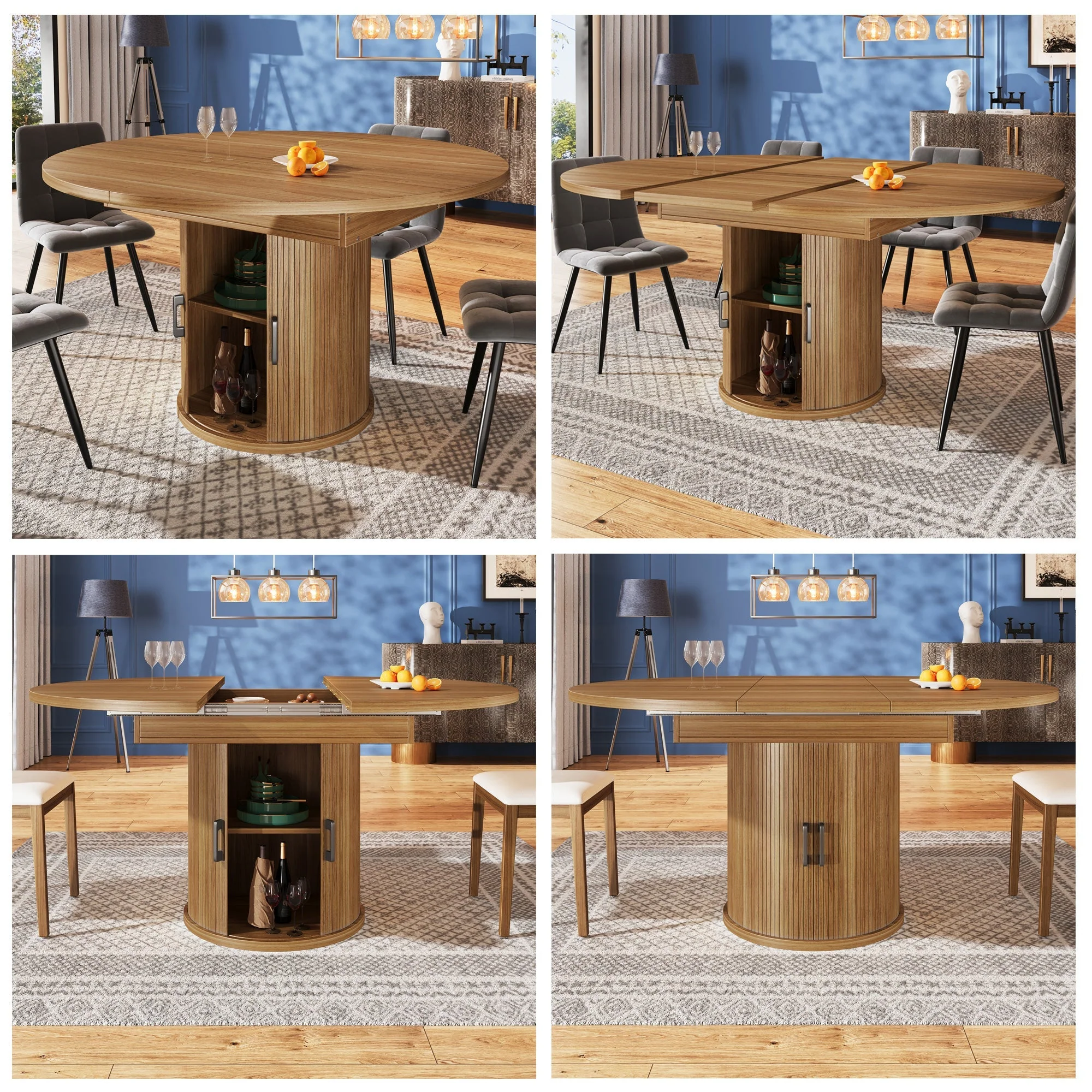 Extendable Round Dining Table, Oval Extension for 6 People, Walnut and Black