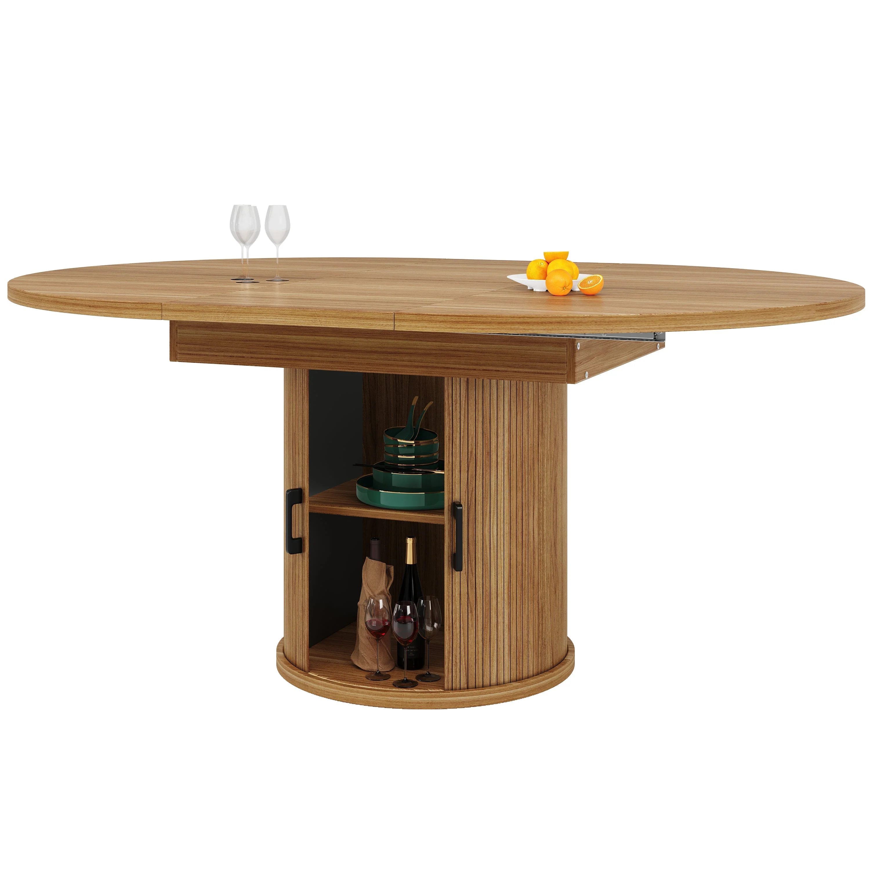 Extendable Round Dining Table, Oval Extension for 6 People, Walnut and Black - Image 10