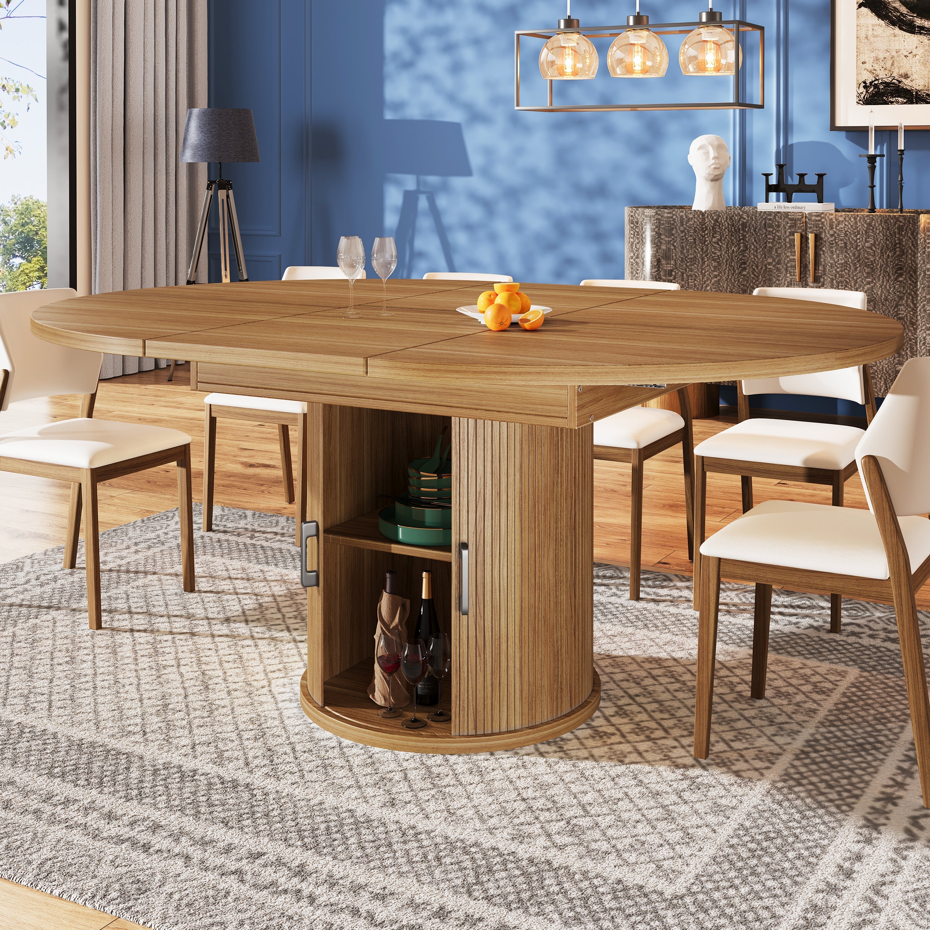 Extendable Round Dining Table, Oval Extension for 6 People, Walnut and Black - Image 2