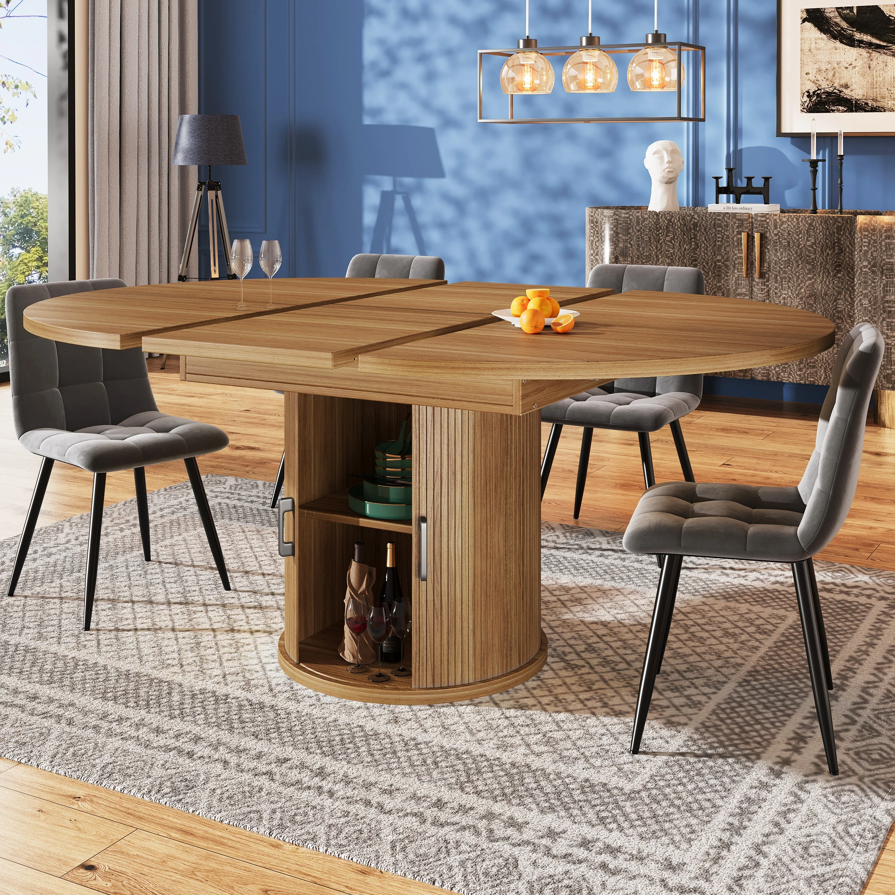 Extendable Round Dining Table, Oval Extension for 6 People, Walnut and Black - Image 3