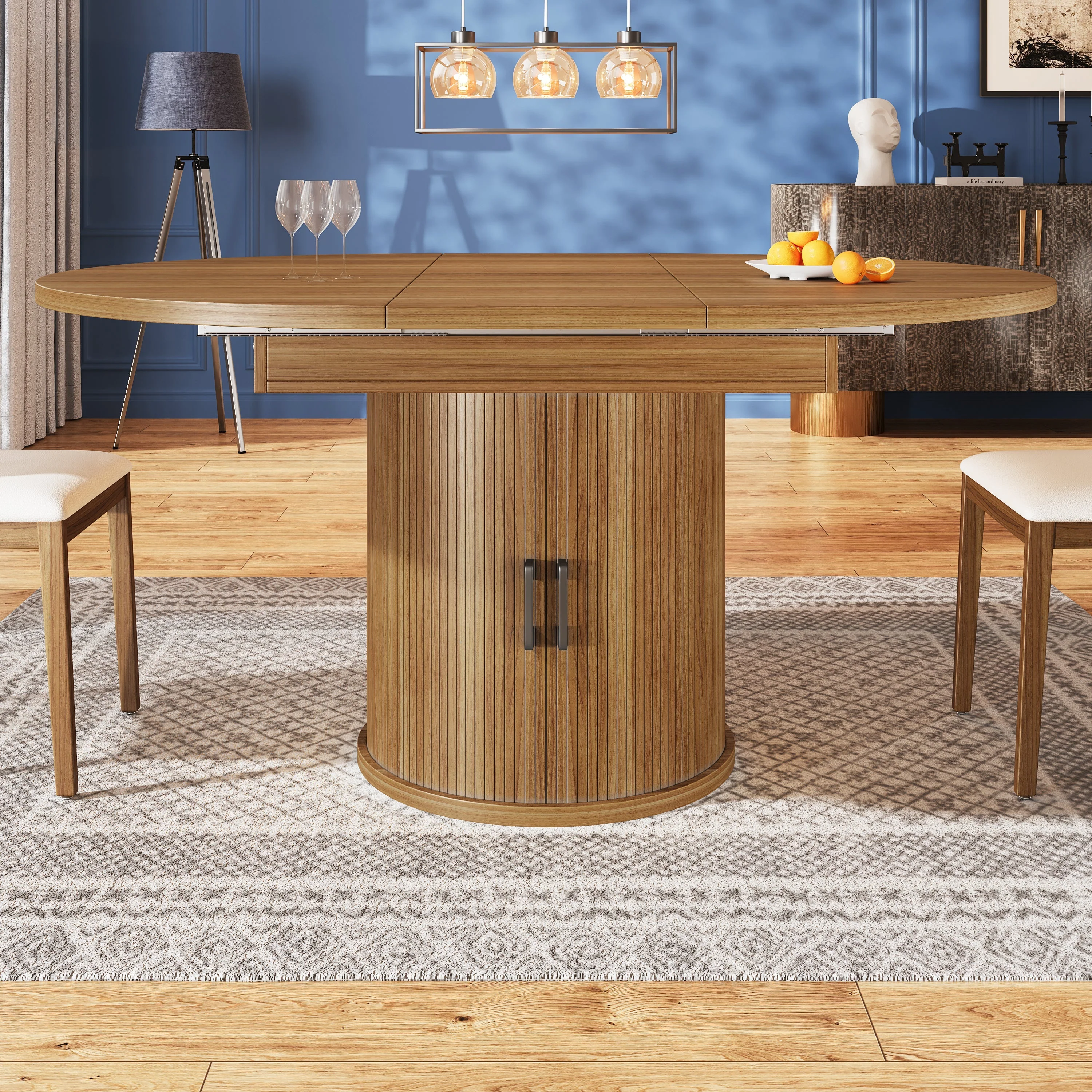 Extendable Round Dining Table, Oval Extension for 6 People, Walnut and Black - Image 4
