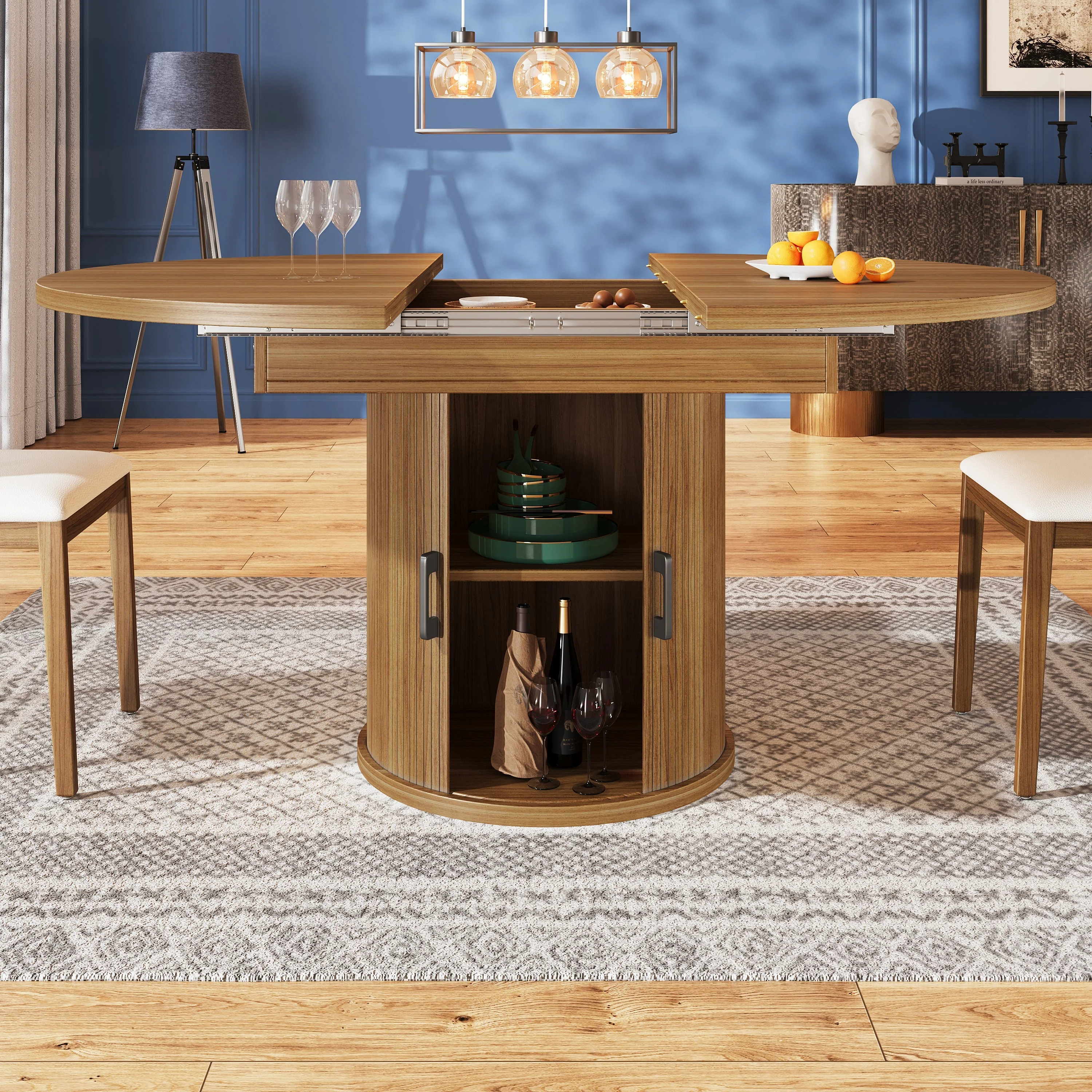 Extendable Round Dining Table, Oval Extension for 6 People, Walnut and Black - Image 5