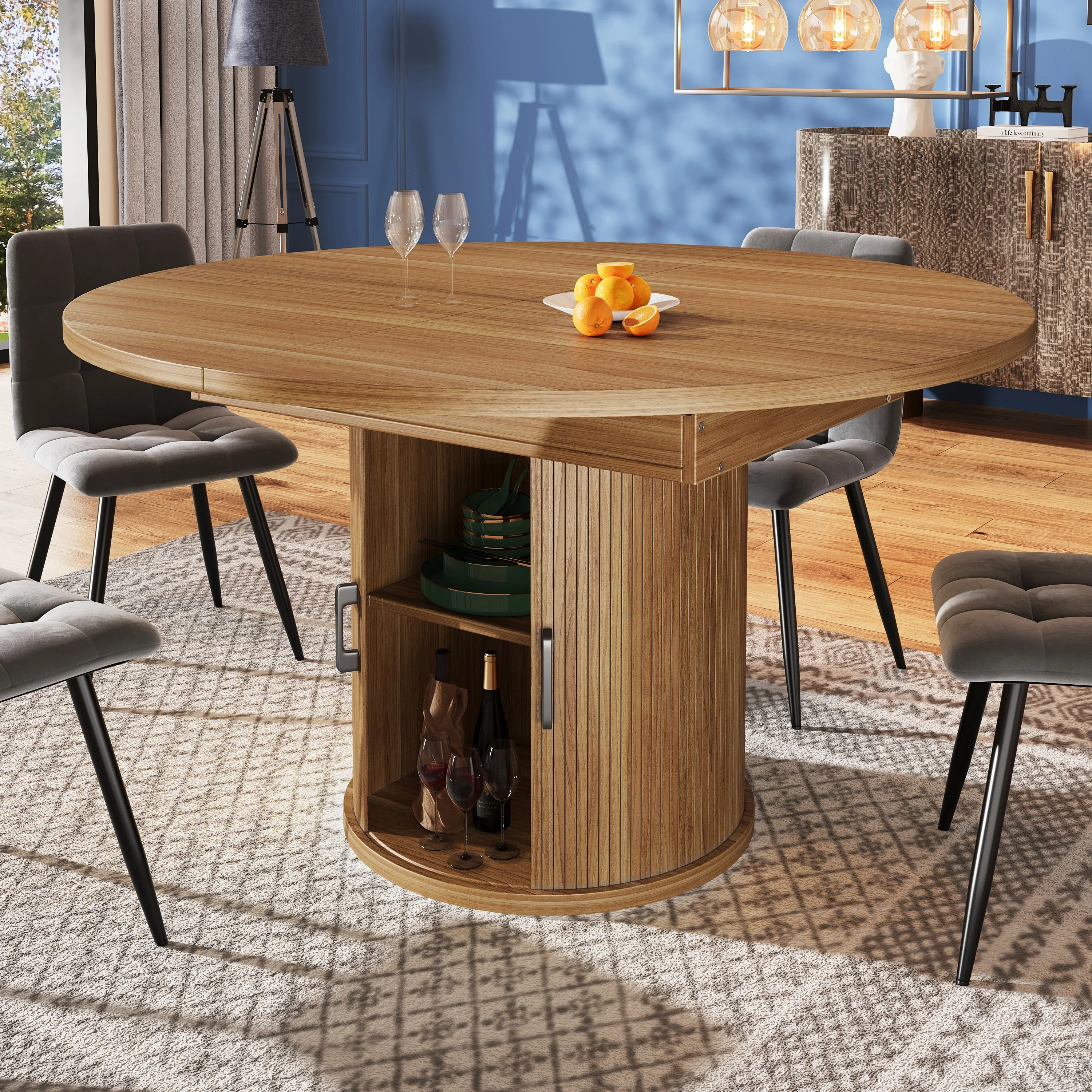 Extendable Round Dining Table, Oval Extension for 6 People, Walnut and Black - Image 6