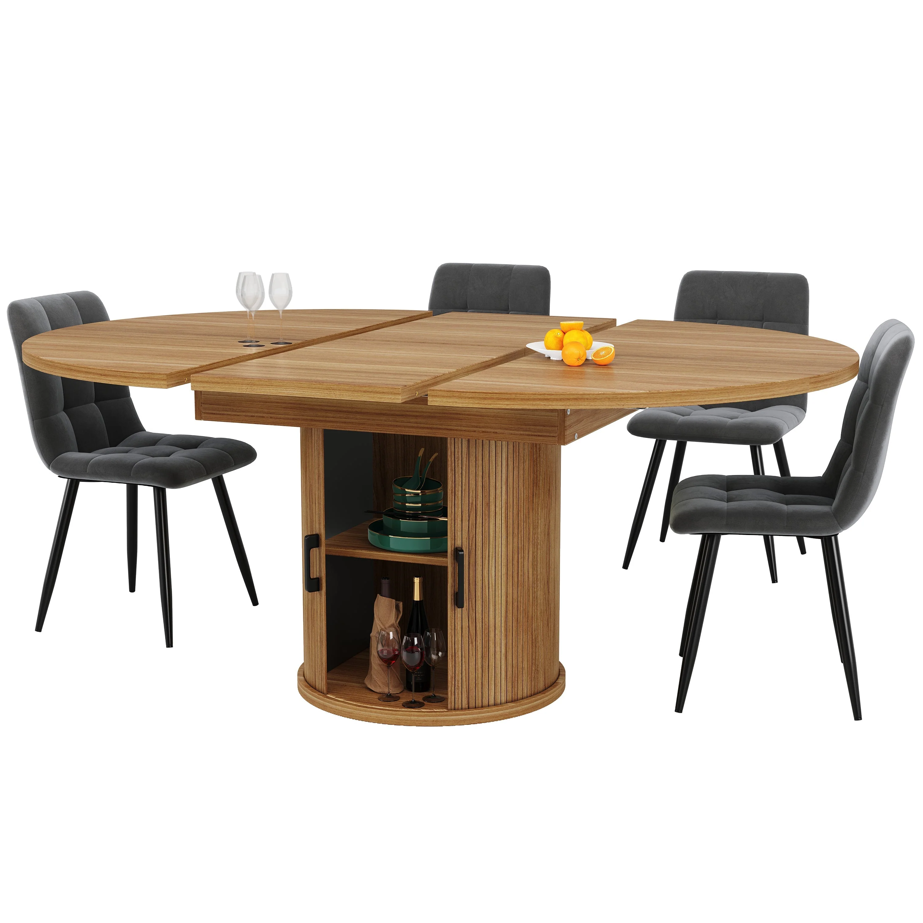 Extendable Round Dining Table, Oval Extension for 6 People, Walnut and Black - Image 7