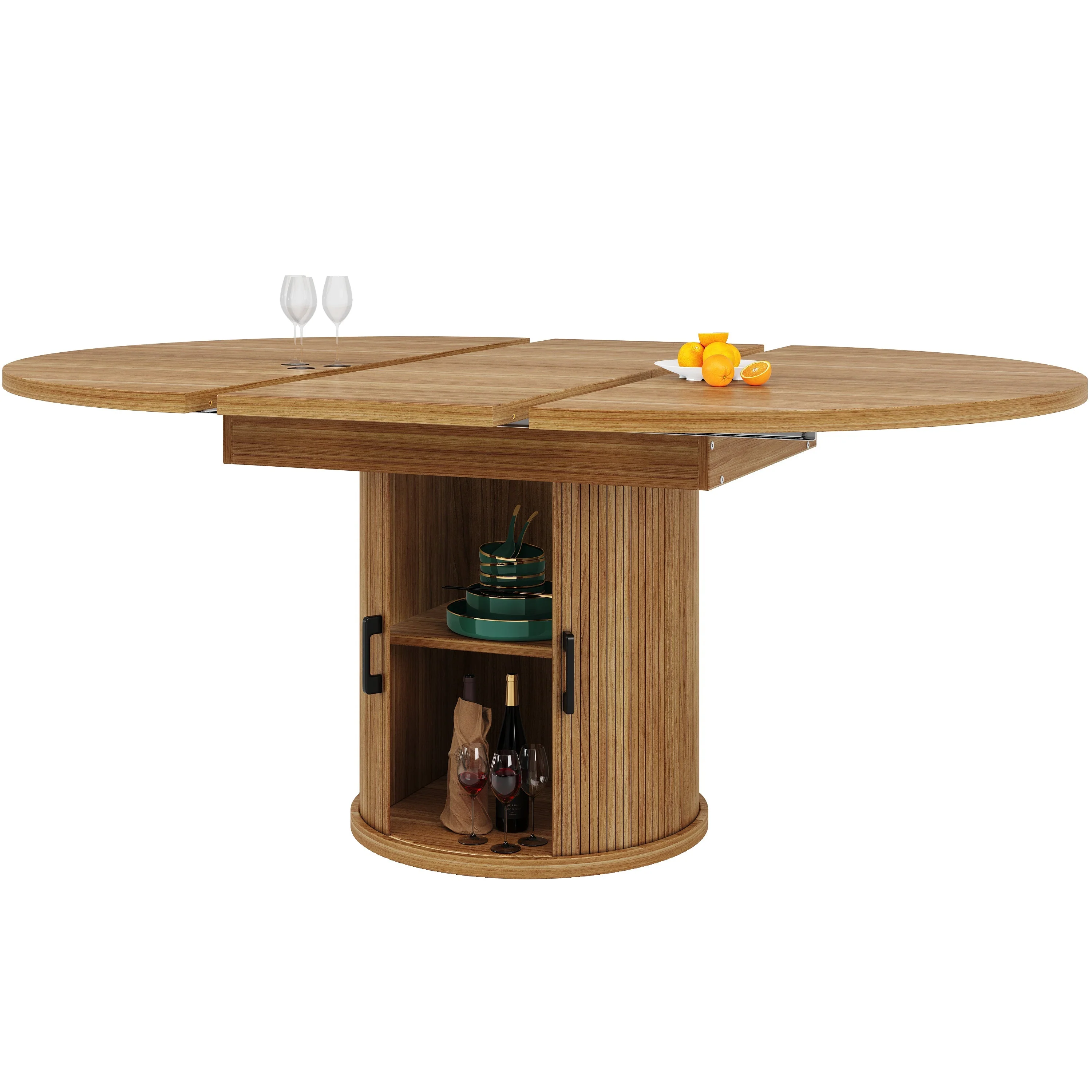 Extendable Round Dining Table, Oval Extension for 6 People, Walnut and Black - Image 8