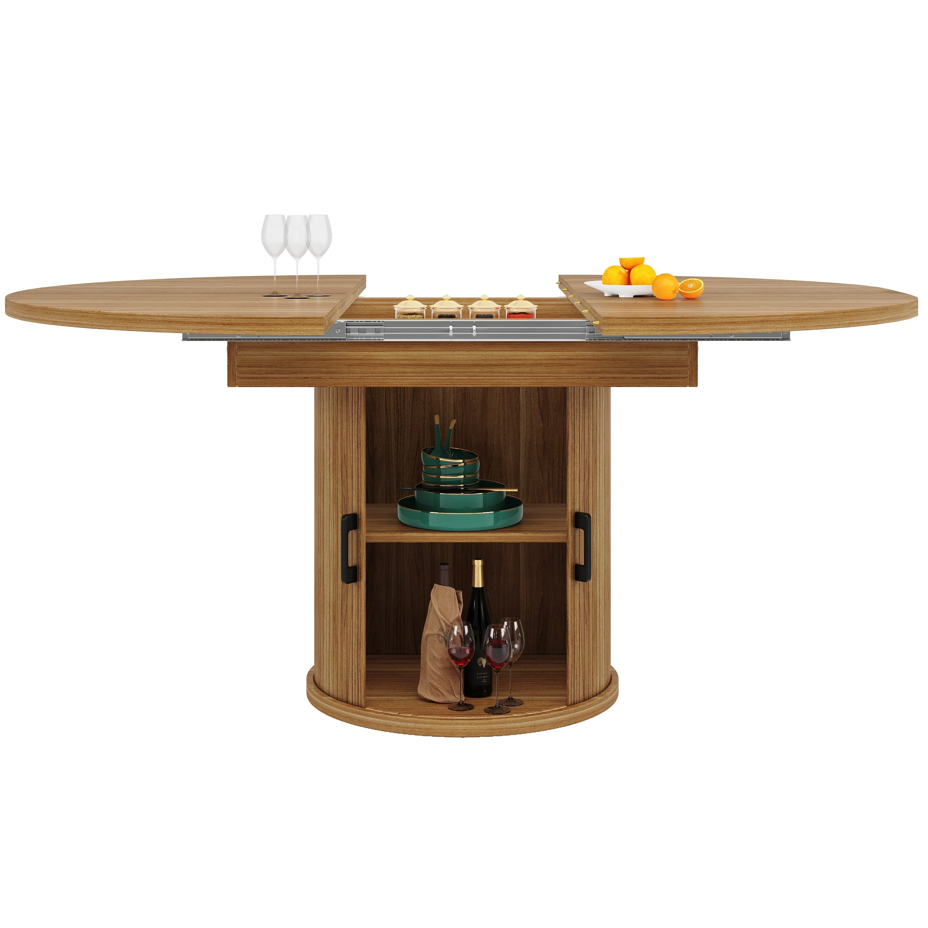 Extendable Round Dining Table, Oval Extension for 6 People, Walnut and Black - Image 9