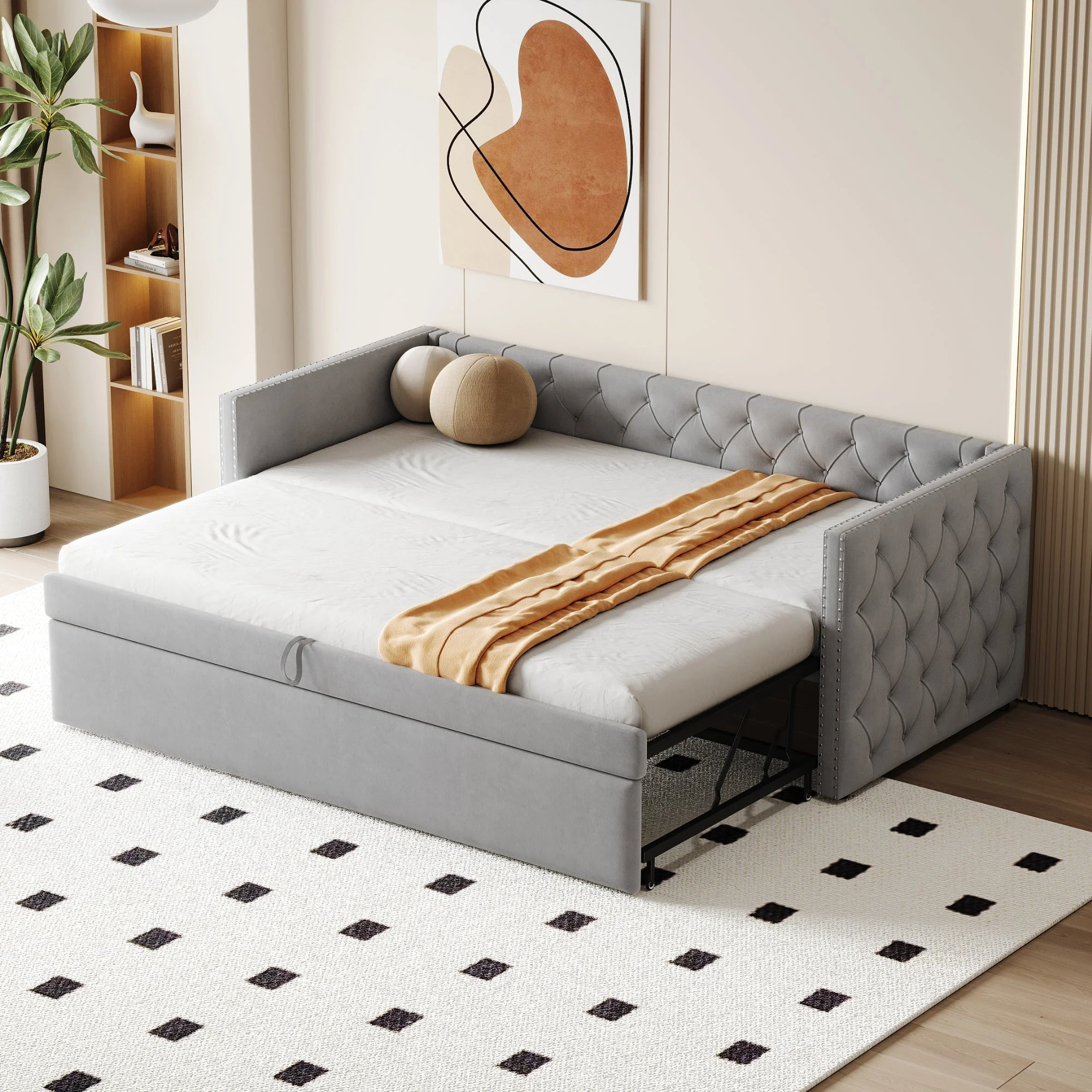 Extendable Sofa Bed with Slatted Base and Guest Bed Function, 90x200cm, Light Grey Velvet - Image 2