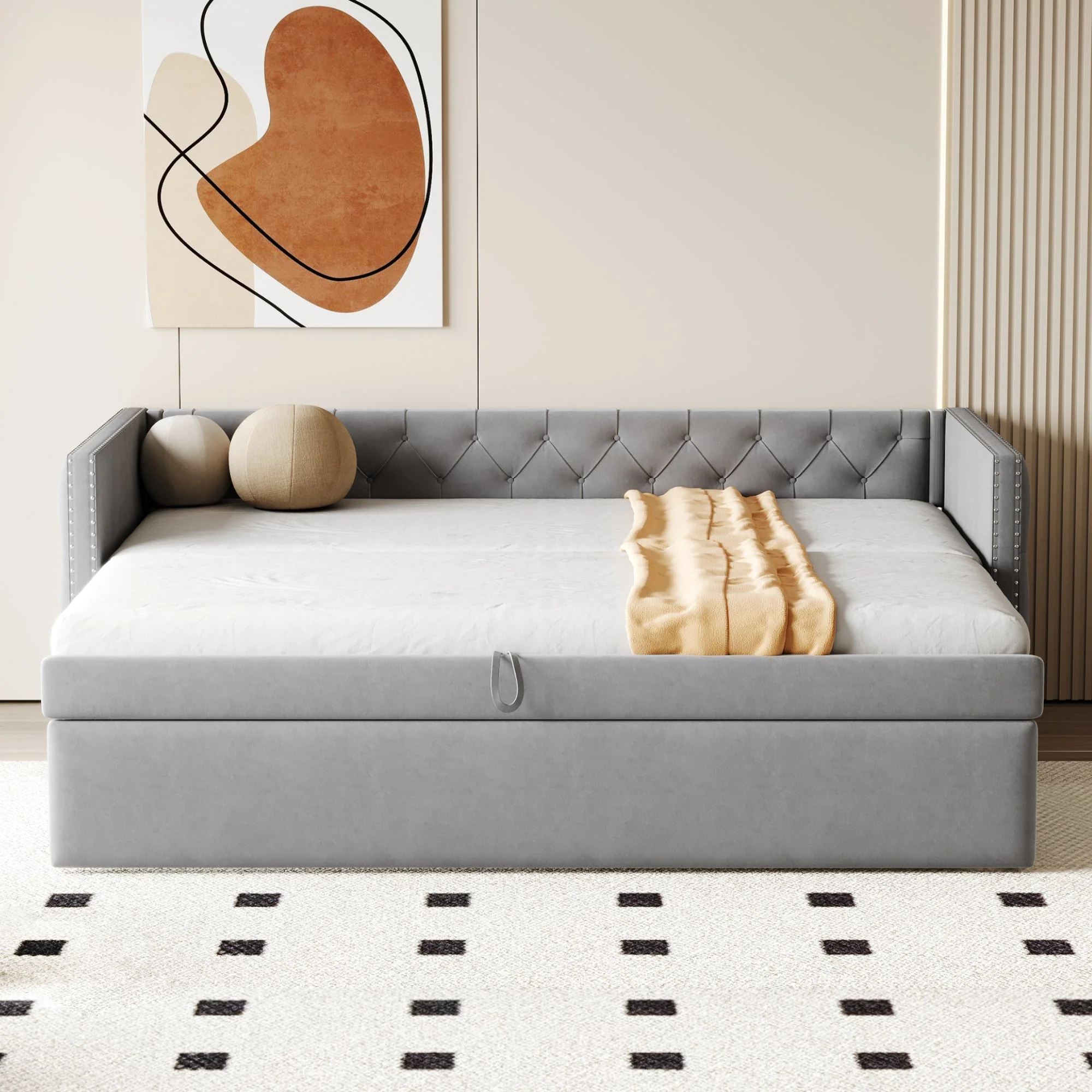 Extendable Sofa Bed with Slatted Base and Guest Bed Function, 90x200cm, Light Grey Velvet - Image 4