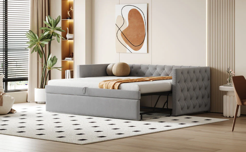 Extendable Sofa Bed with Slatted Base and Guest Bed Function, 90x200cm, Light Grey Velvet - Image 7