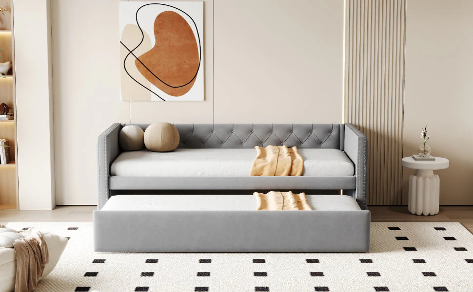 Extendable Sofa Bed with Slatted Base and Guest Bed Function, 90x200cm, Light Grey Velvet - Image 9