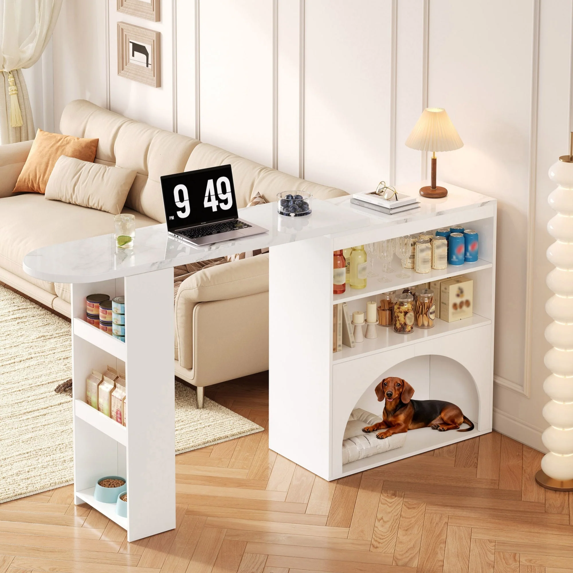 Extendable Table, Rotating High with Pet Area, White Marble Effect - Image 2