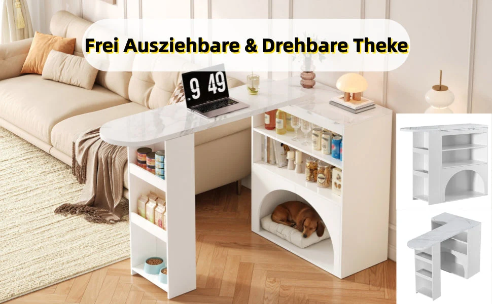Extendable Table, Rotating High with Pet Area, White Marble Effect - Image 4