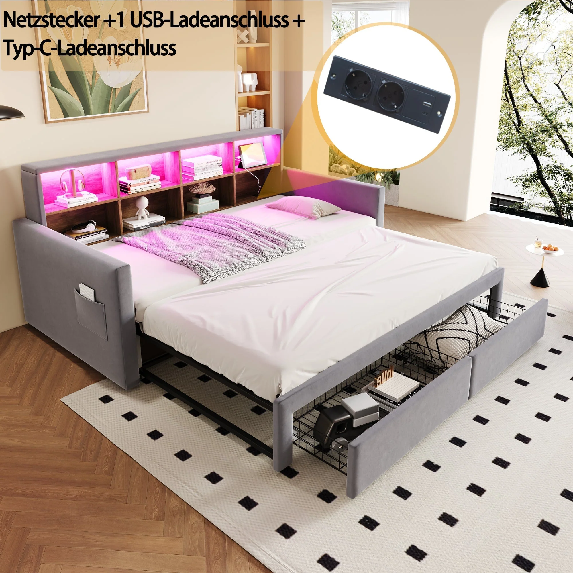 Extendable Upholstered Sofa Bed with LED Headboard, Storage and Charging Ports, Light Grey Velvet - Image 5