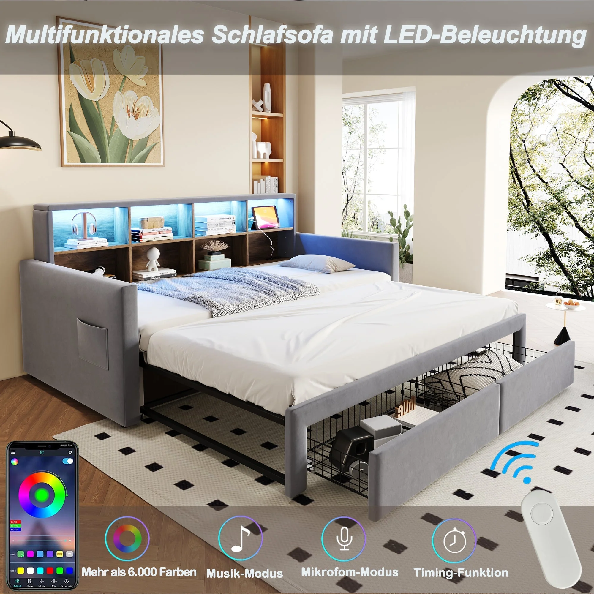 Extendable Upholstered Sofa Bed with LED Headboard, Storage and Charging Ports, Light Grey Velvet - Image 6