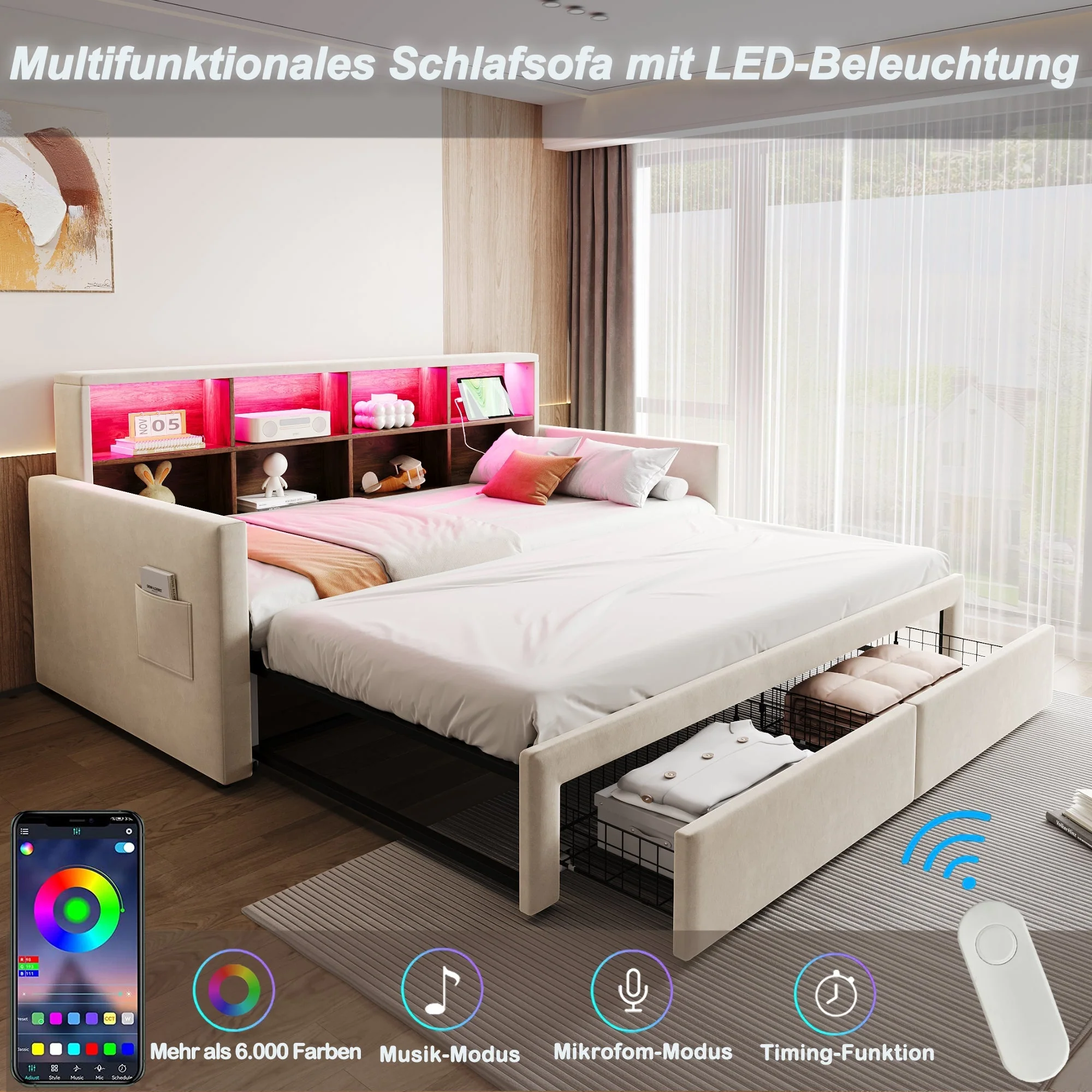 Extendable Upholstered Sofa Bed with LED Headboard, Storage and USB Charging, Beige Velvet - Image 6