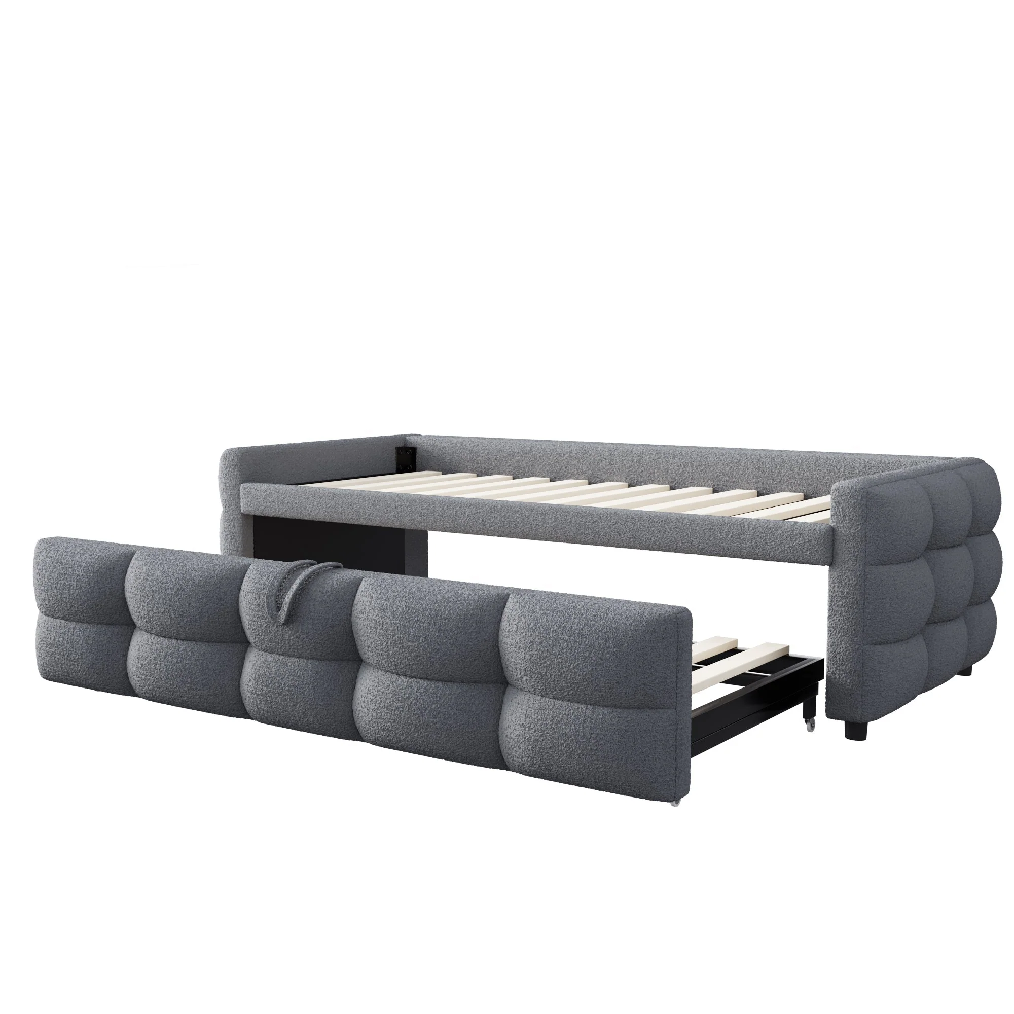 Extendable Upholstered Sofa Bed with Slatted Base and Teddy Velvet Fabric, Grey - Image 10