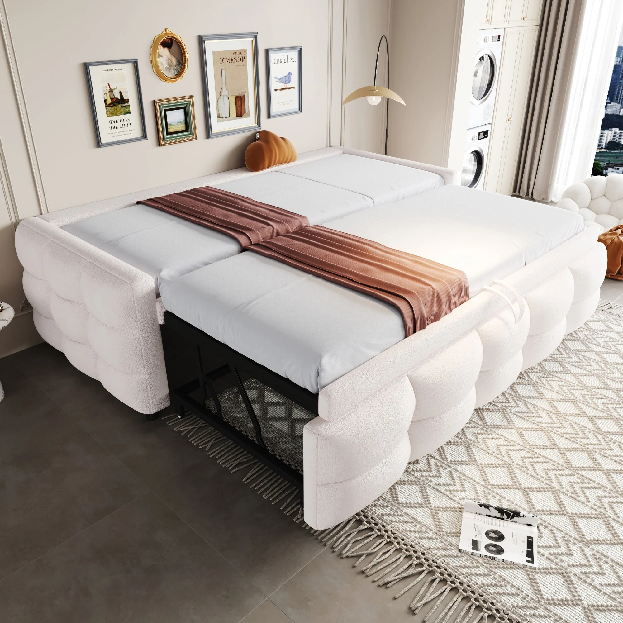 Extendable Upholstered Sofa Bed with Slatted Frame and 90/180x190cm Mattress Support, Beige Teddy Velvet
