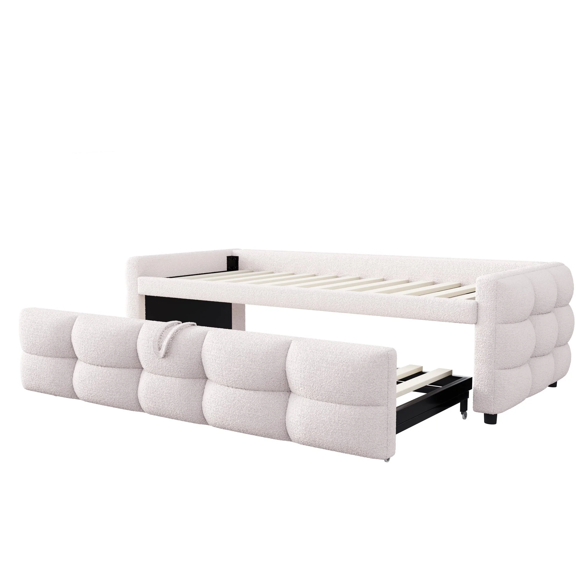 Extendable Upholstered Sofa Bed with Slatted Frame and 90/180x190cm Mattress Support, Beige Teddy Velvet - Image 10