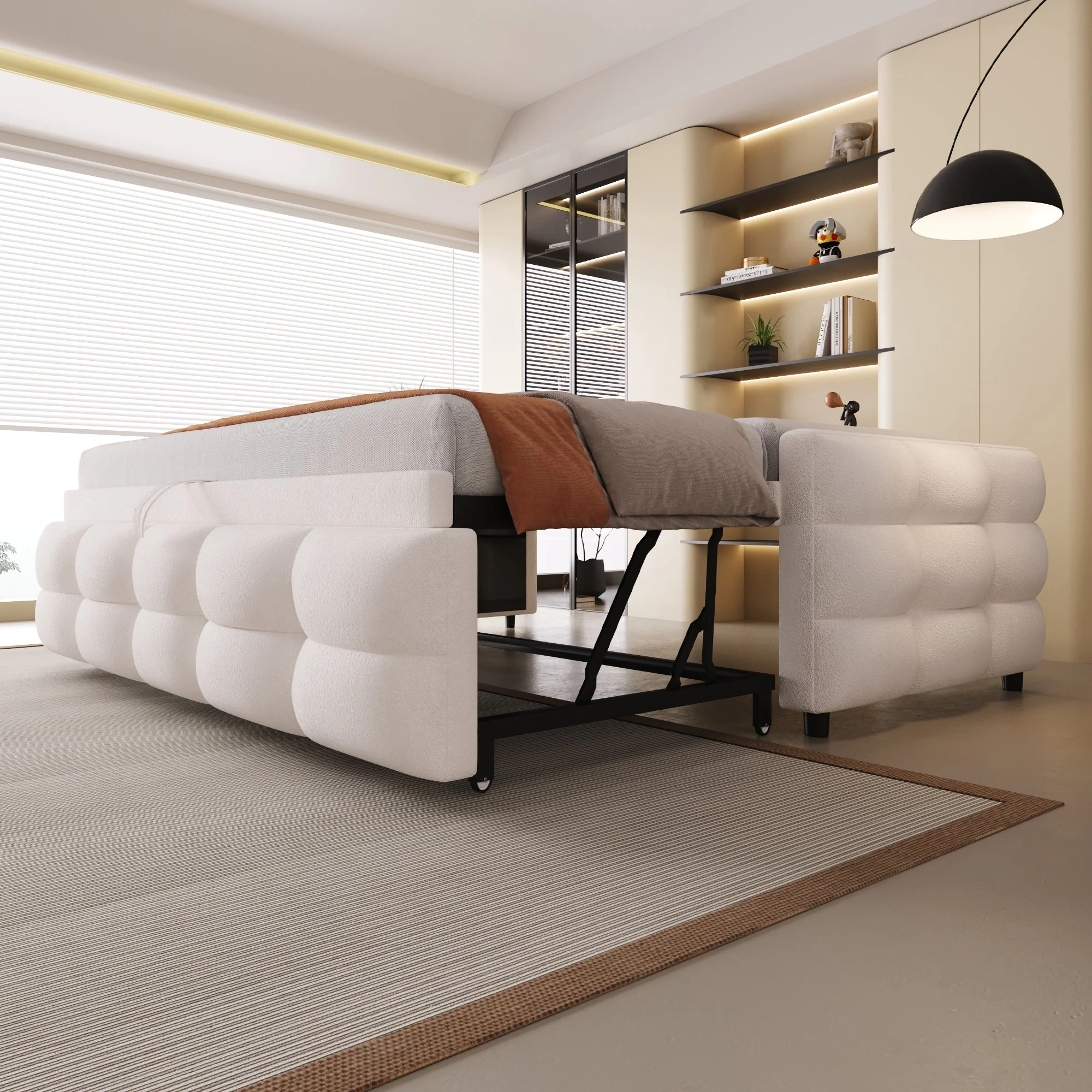 Extendable Upholstered Sofa Bed with Slatted Frame and 90/180x190cm Mattress Support, Beige Teddy Velvet - Image 2