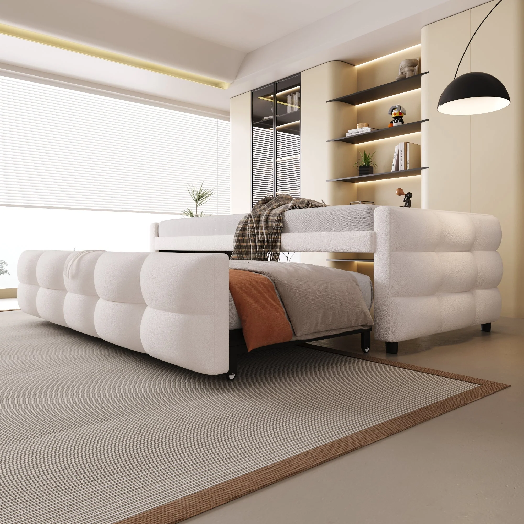 Extendable Upholstered Sofa Bed with Slatted Frame and 90/180x190cm Mattress Support, Beige Teddy Velvet - Image 3