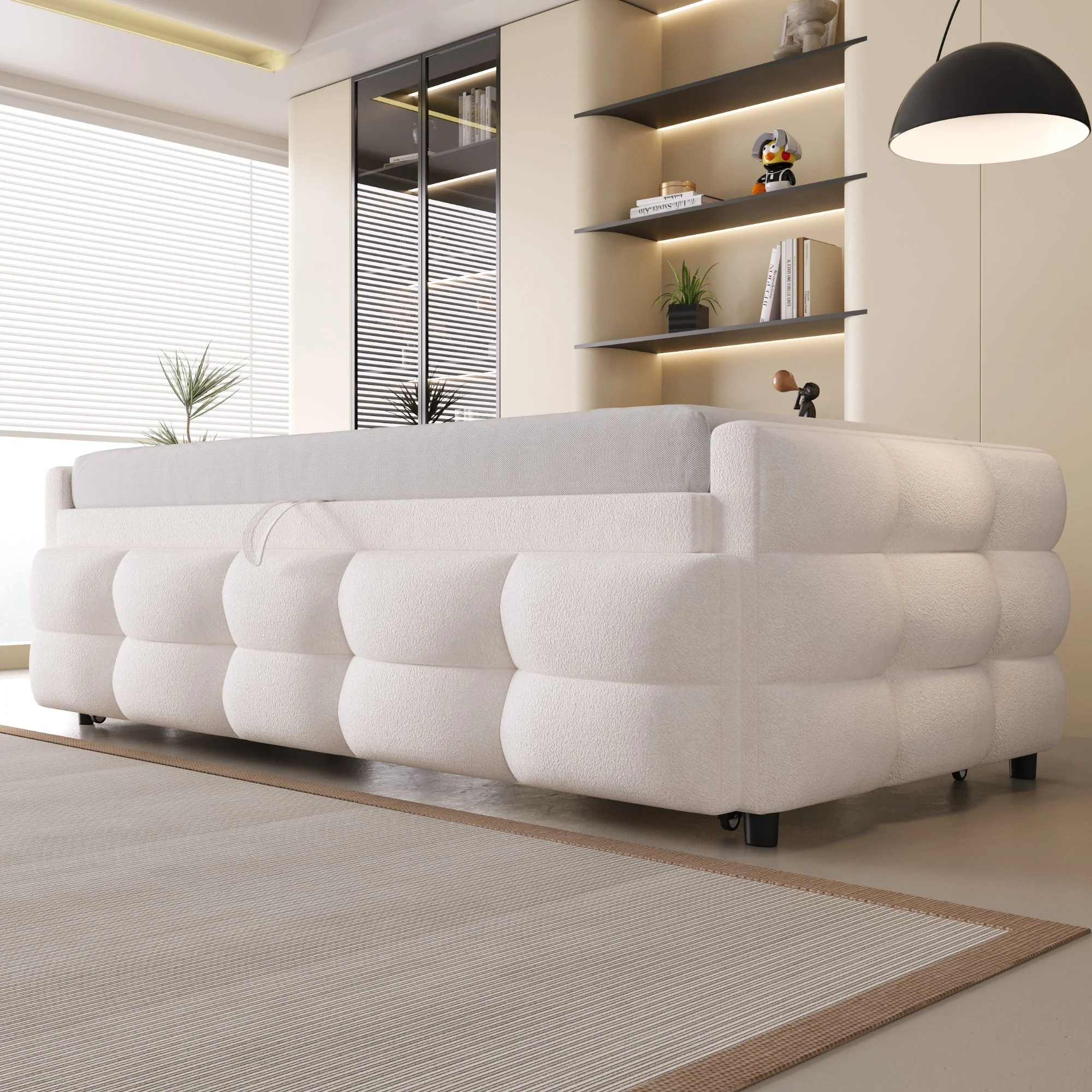 Extendable Upholstered Sofa Bed with Slatted Frame and 90/180x190cm Mattress Support, Beige Teddy Velvet - Image 4