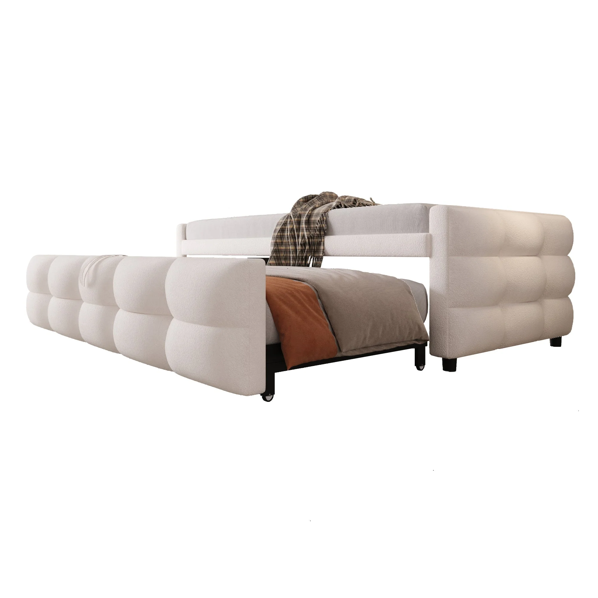Extendable Upholstered Sofa Bed with Slatted Frame and 90/180x190cm Mattress Support, Beige Teddy Velvet - Image 5
