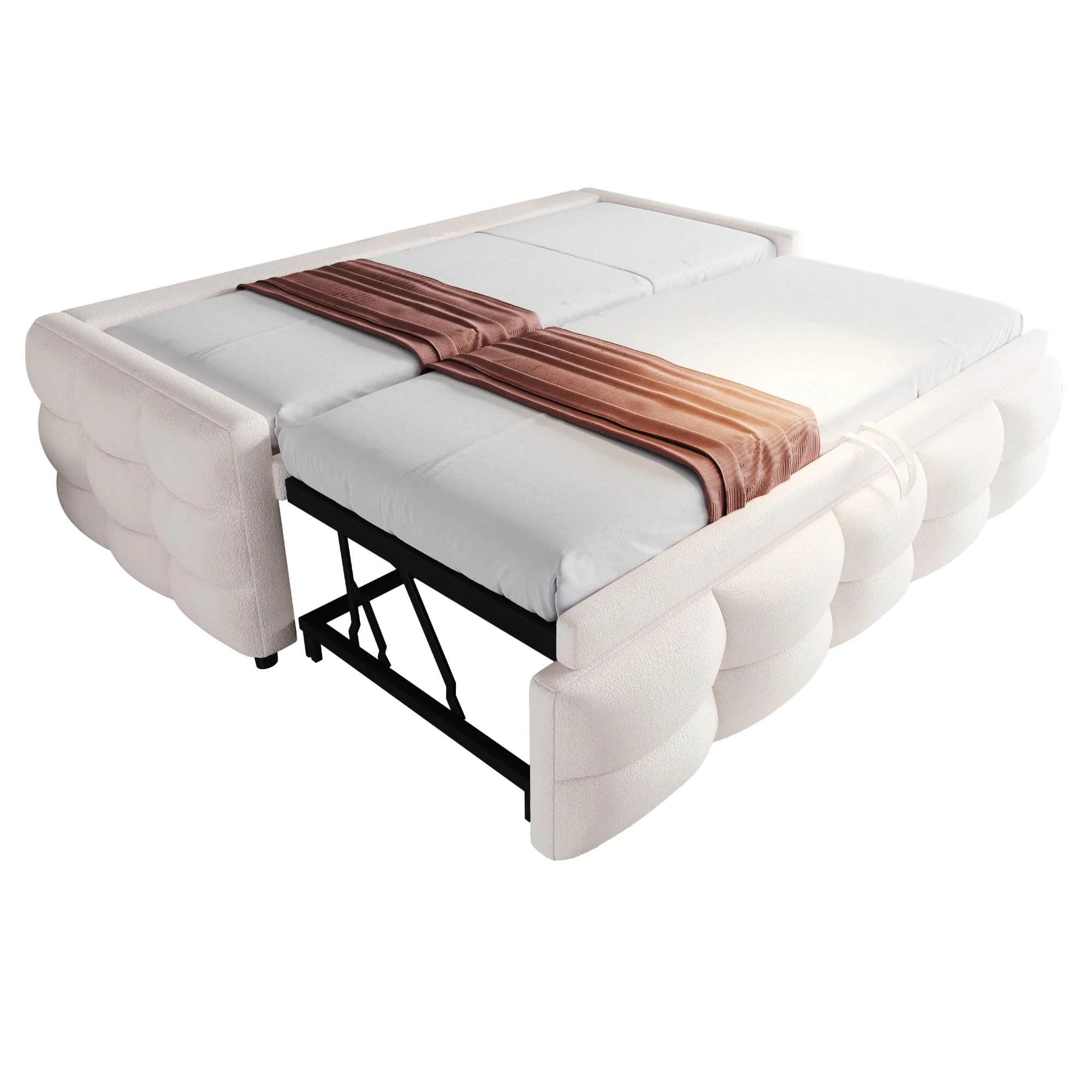 Extendable Upholstered Sofa Bed with Slatted Frame and 90/180x190cm Mattress Support, Beige Teddy Velvet - Image 6