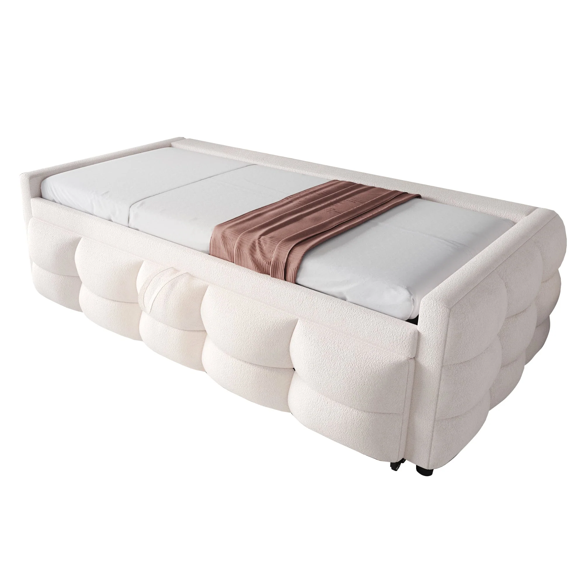 Extendable Upholstered Sofa Bed with Slatted Frame and 90/180x190cm Mattress Support, Beige Teddy Velvet - Image 7