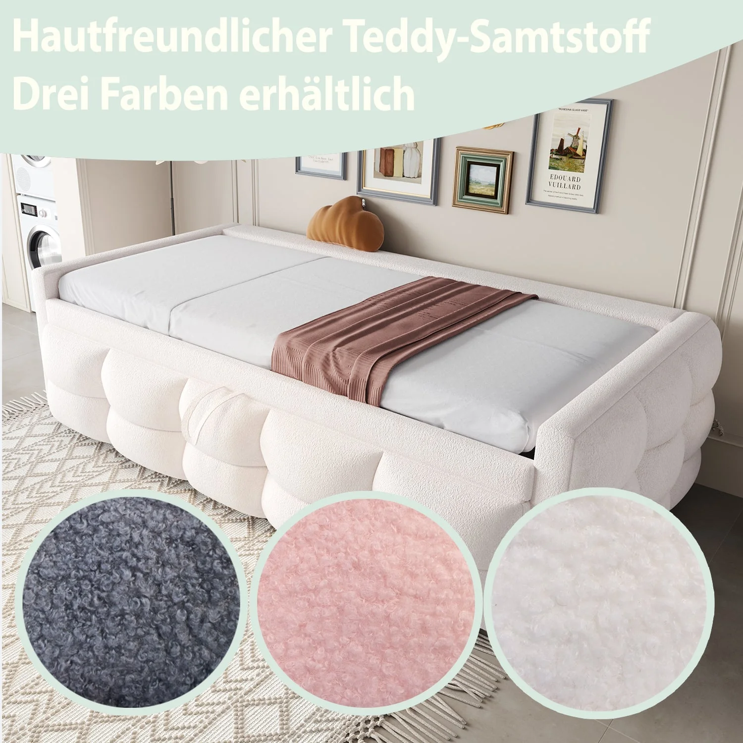 Extendable Upholstered Sofa Bed with Slatted Frame and 90/180x190cm Mattress Support, Beige Teddy Velvet - Image 9