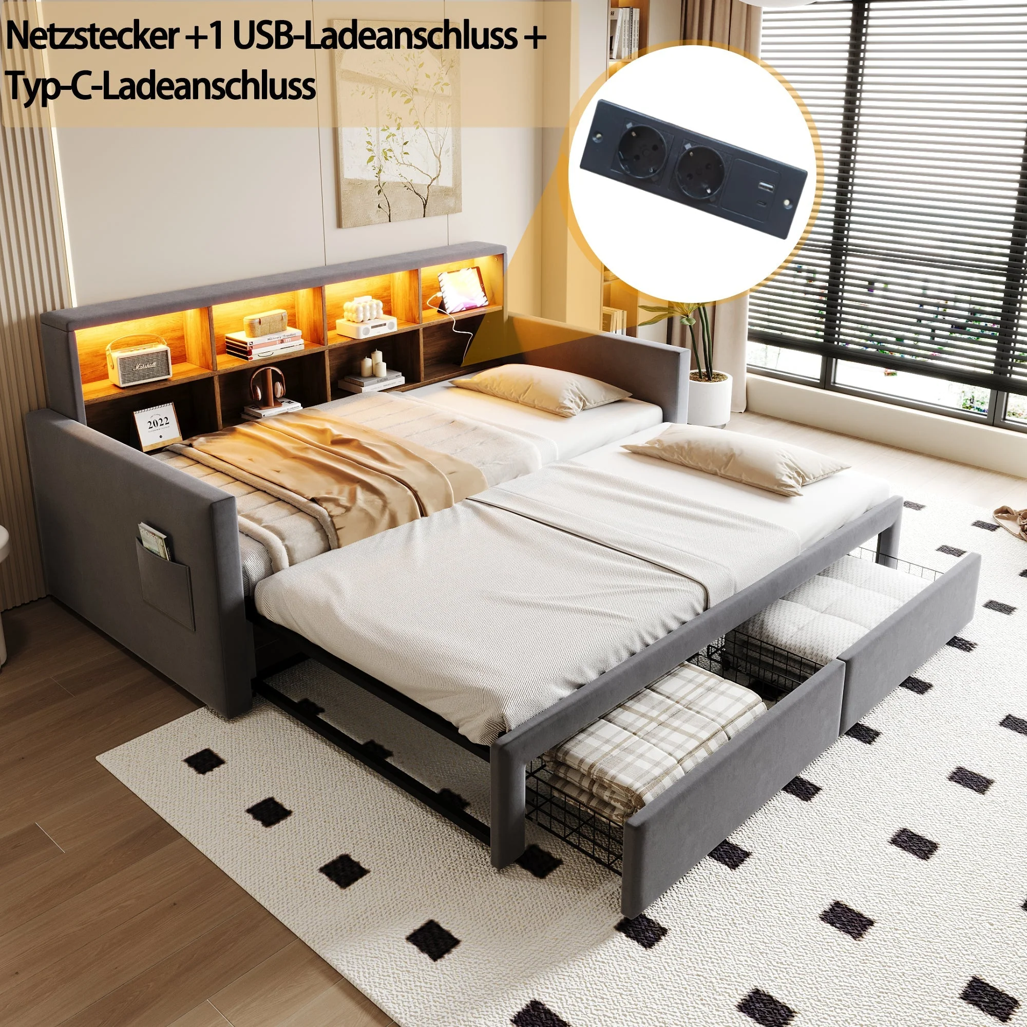 Extendable Upholstered Sofa Bed with Storage Headboard, LED Lights and Charging Ports, Dark Grey Velvet - Image 5
