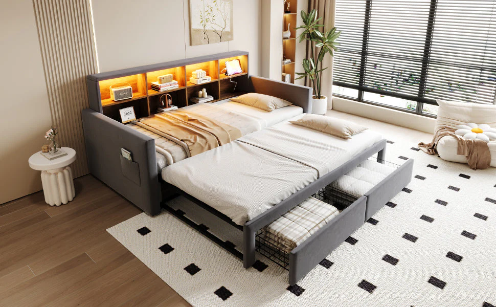 Extendable Upholstered Sofa Bed with Storage Headboard, LED Lights and Charging Ports, Dark Grey Velvet - Image 7