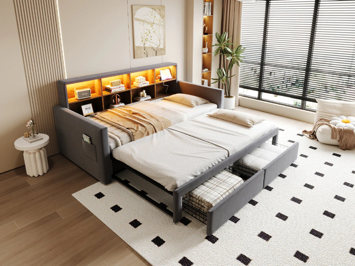 Extendable Upholstered Sofa Bed with Storage Headboard, LED Lights and Charging Ports, Dark Grey Velvet - Image 8