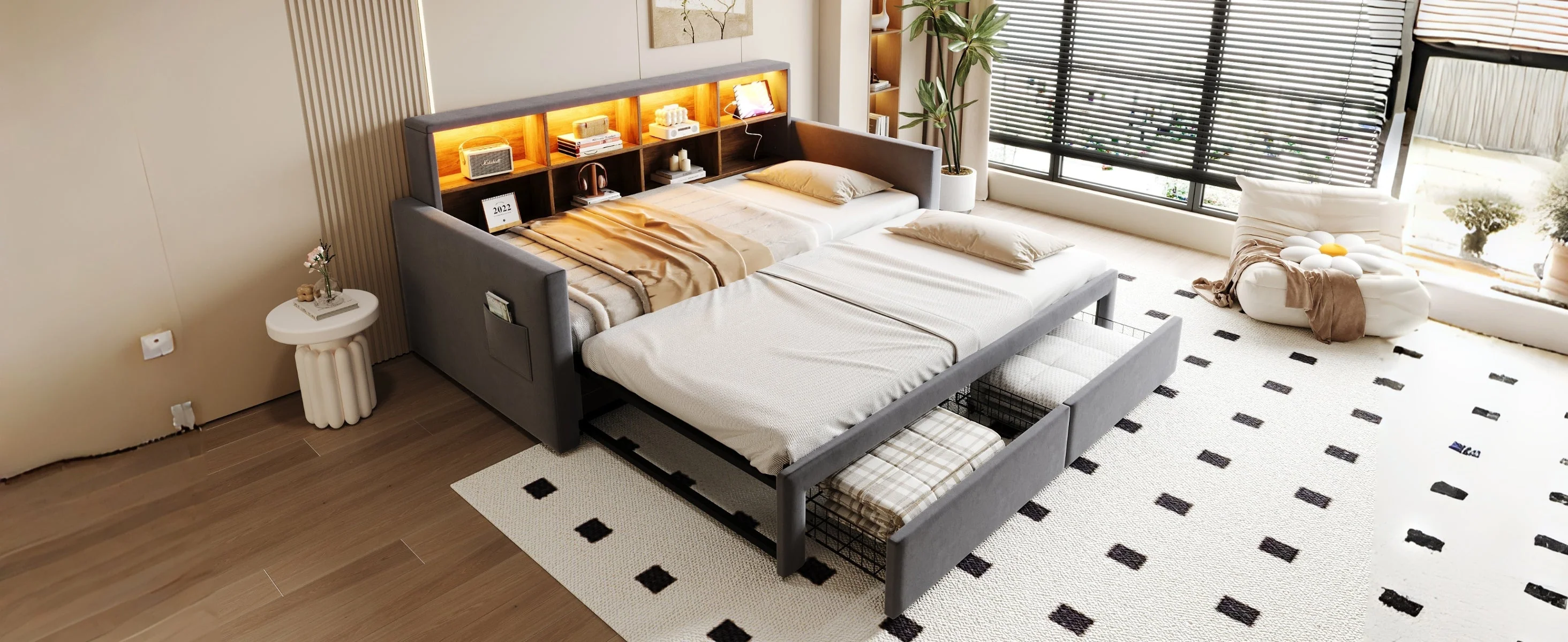 Extendable Upholstered Sofa Bed with Storage Headboard, LED Lights and Charging Ports, Dark Grey Velvet - Image 9