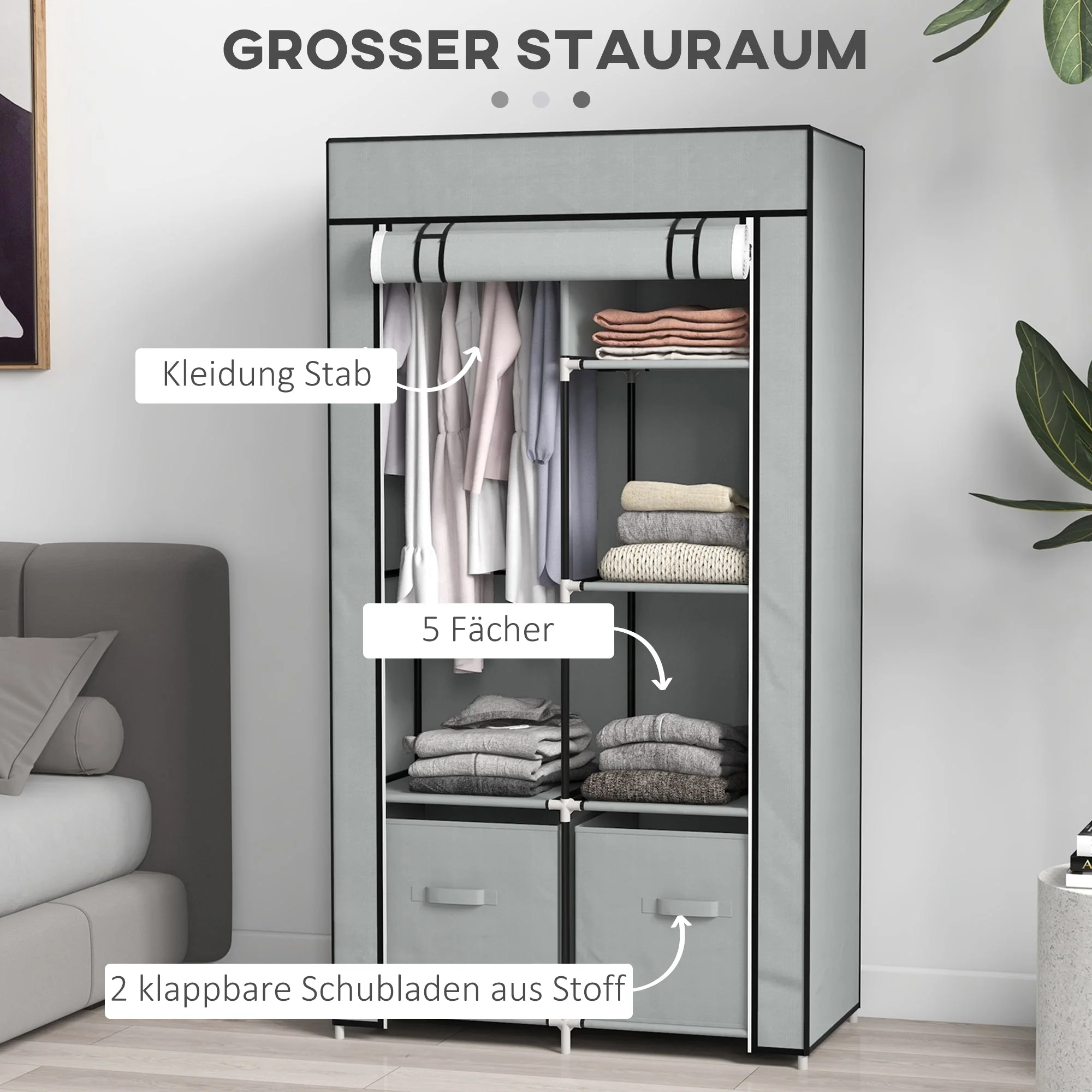 Fabric Wardrobe 5 Compartments, Clothes Rail, Light Grey - Image 4