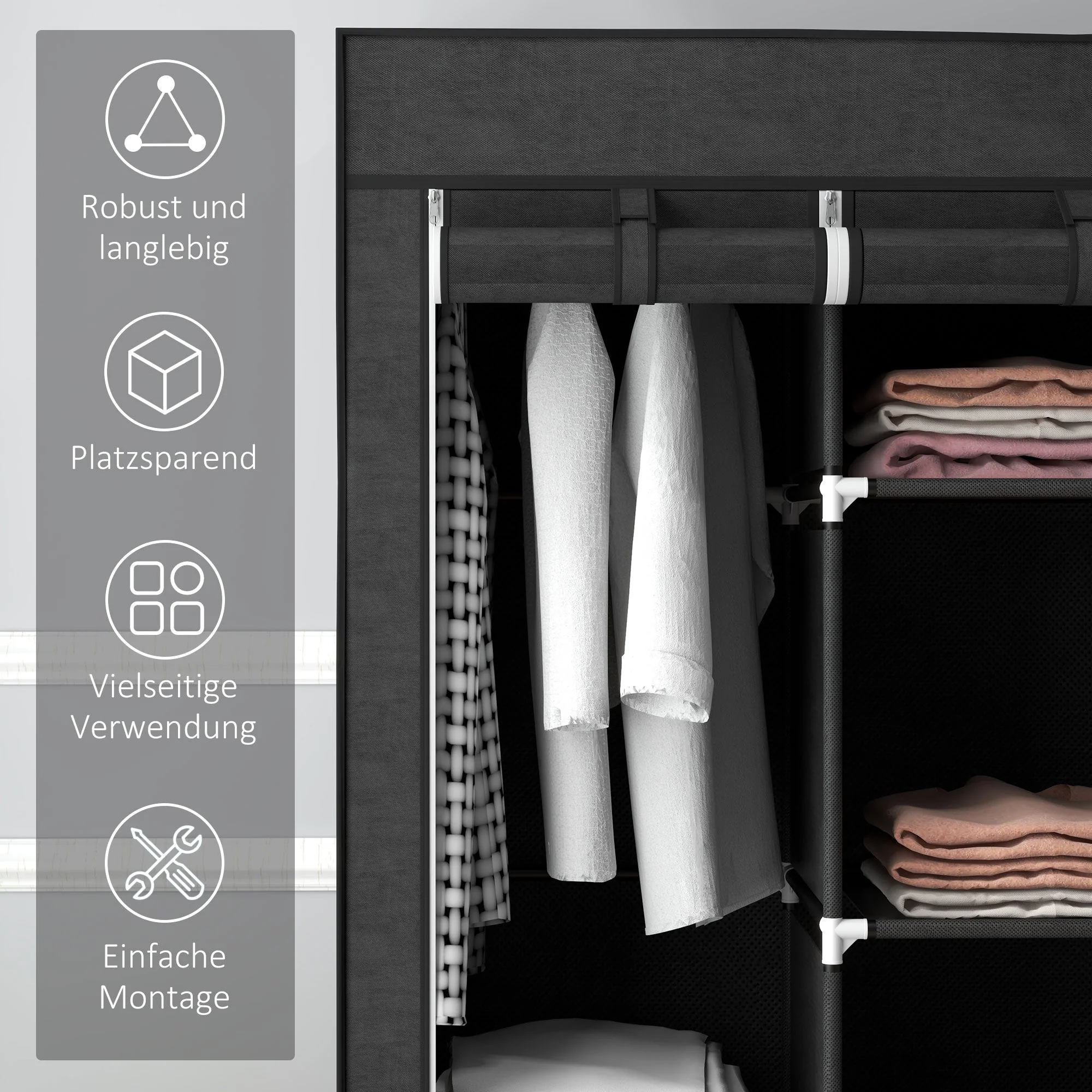 Fabric Wardrobe, Clothes Rail 8 Levels, Space-Saving, Black - Image 6